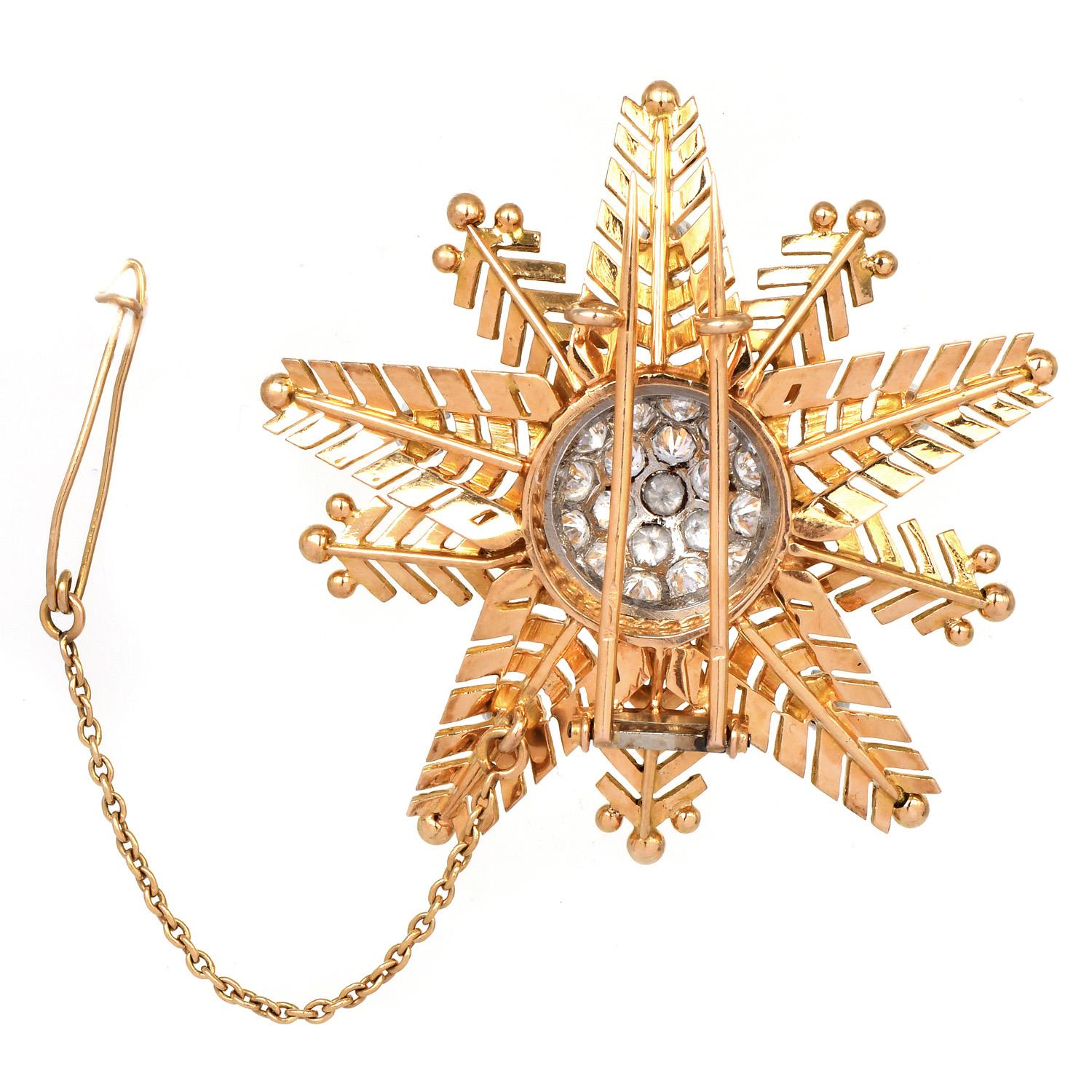 Round Cut Vintage French Snowflake 18K Rose Gold This exquisite Vintag Cluster Diamond Pin For Sale