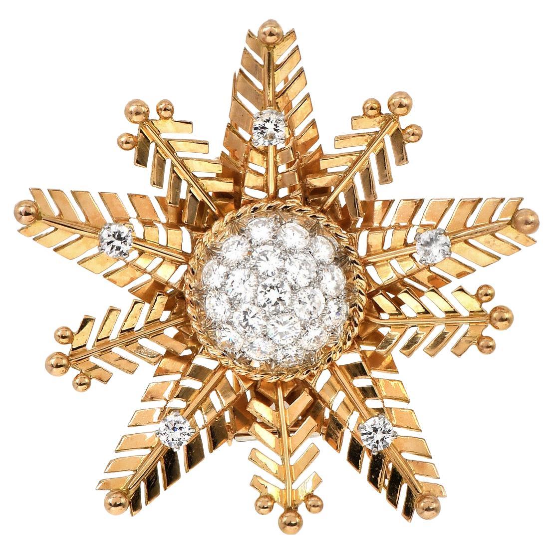 Vintage French Snowflake 18K Rose Gold This exquisite Vintag Cluster Diamond Pin