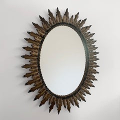 Vintage French Soleil Sunburst Brutalist Iron & Gold Leaf Wall Mirror