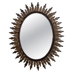 Vintage French Soleil Sunburst Brutalist Iron & Gold Leaf Wall Mirror