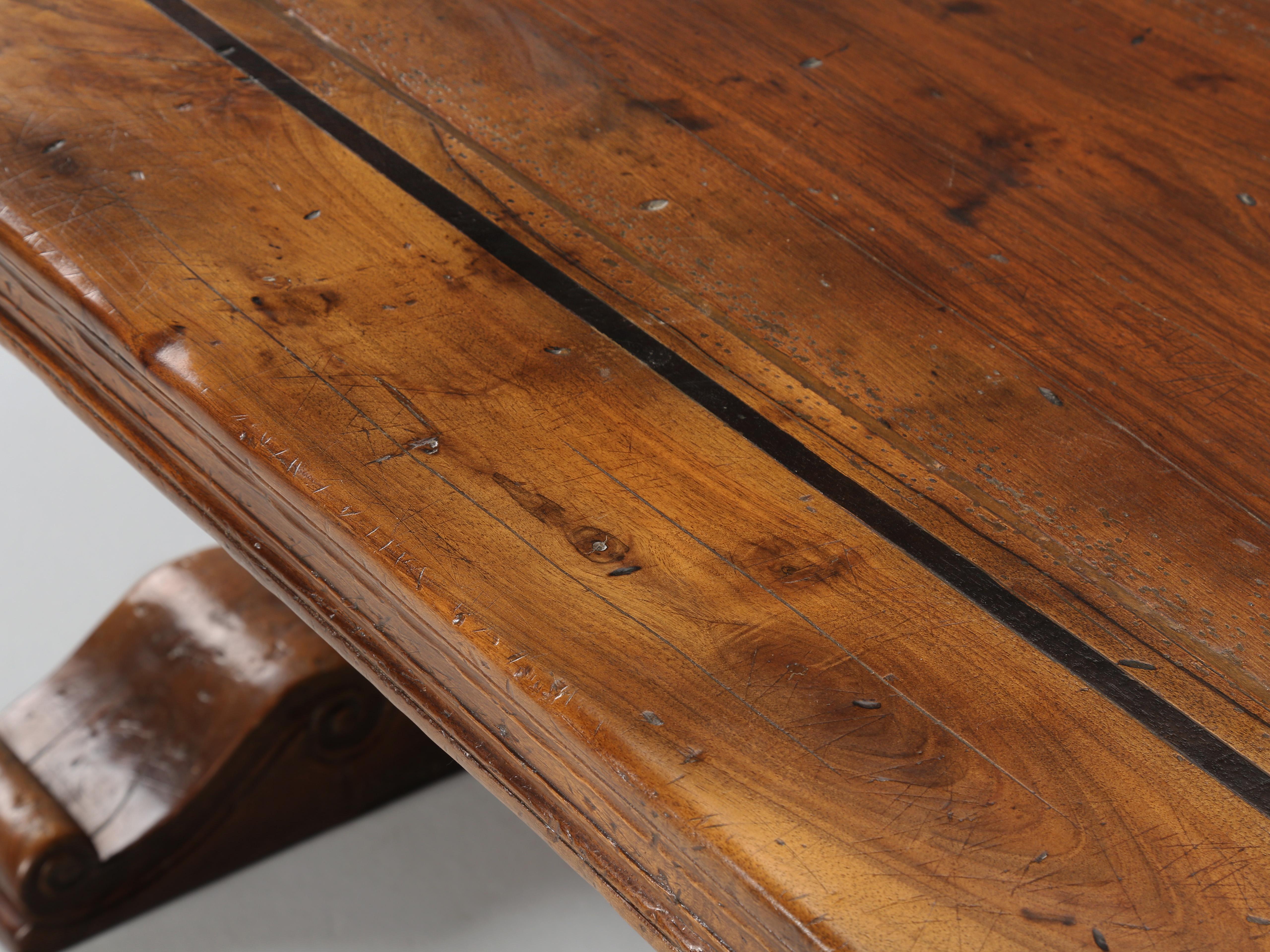 Hand-Carved Vintage French Solid Walnut Trestle Style Dining Table Made by Quinta, Perpignan