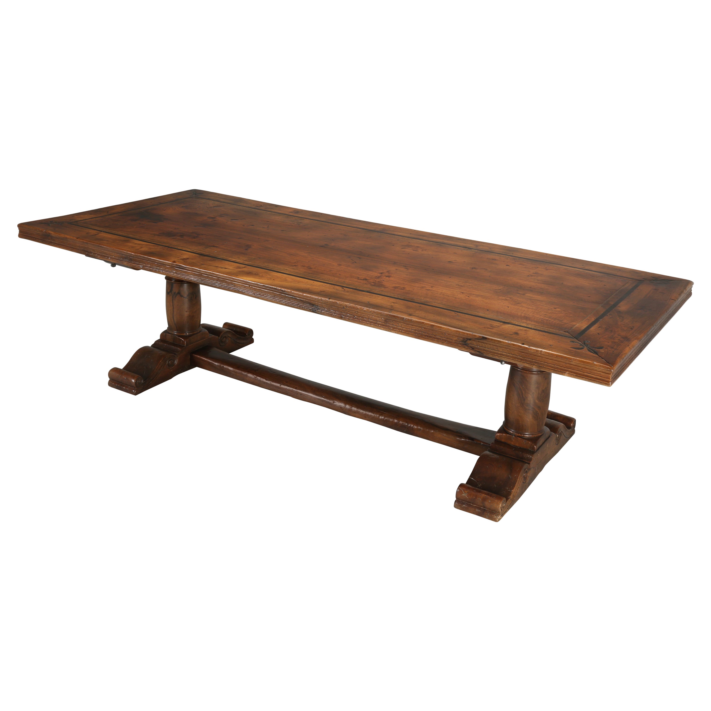 Vintage French Solid Walnut Trestle Style Dining Table Made by Quinta, Perpignan