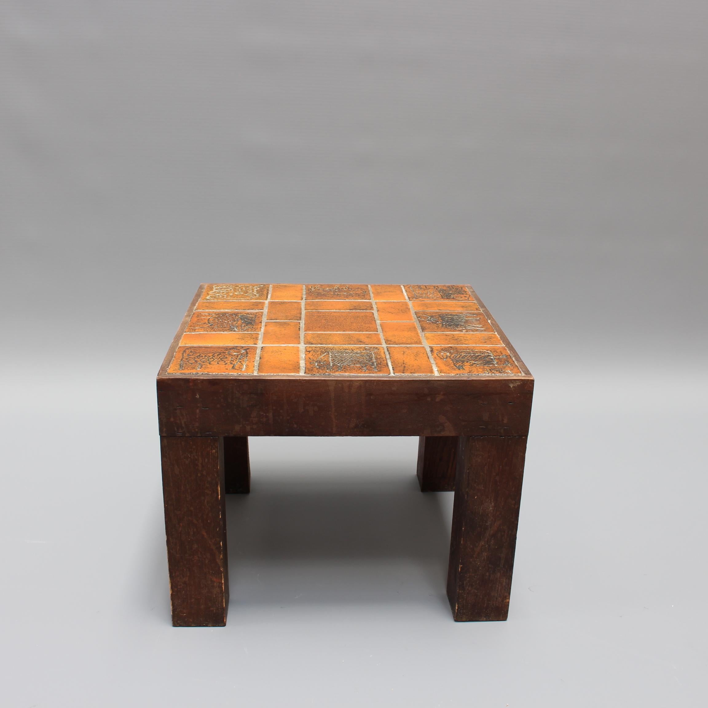 Mid-Century Modern Vintage French Square Side Table with Ceramic Tile Top by Jacques Blin, c. 1950s For Sale