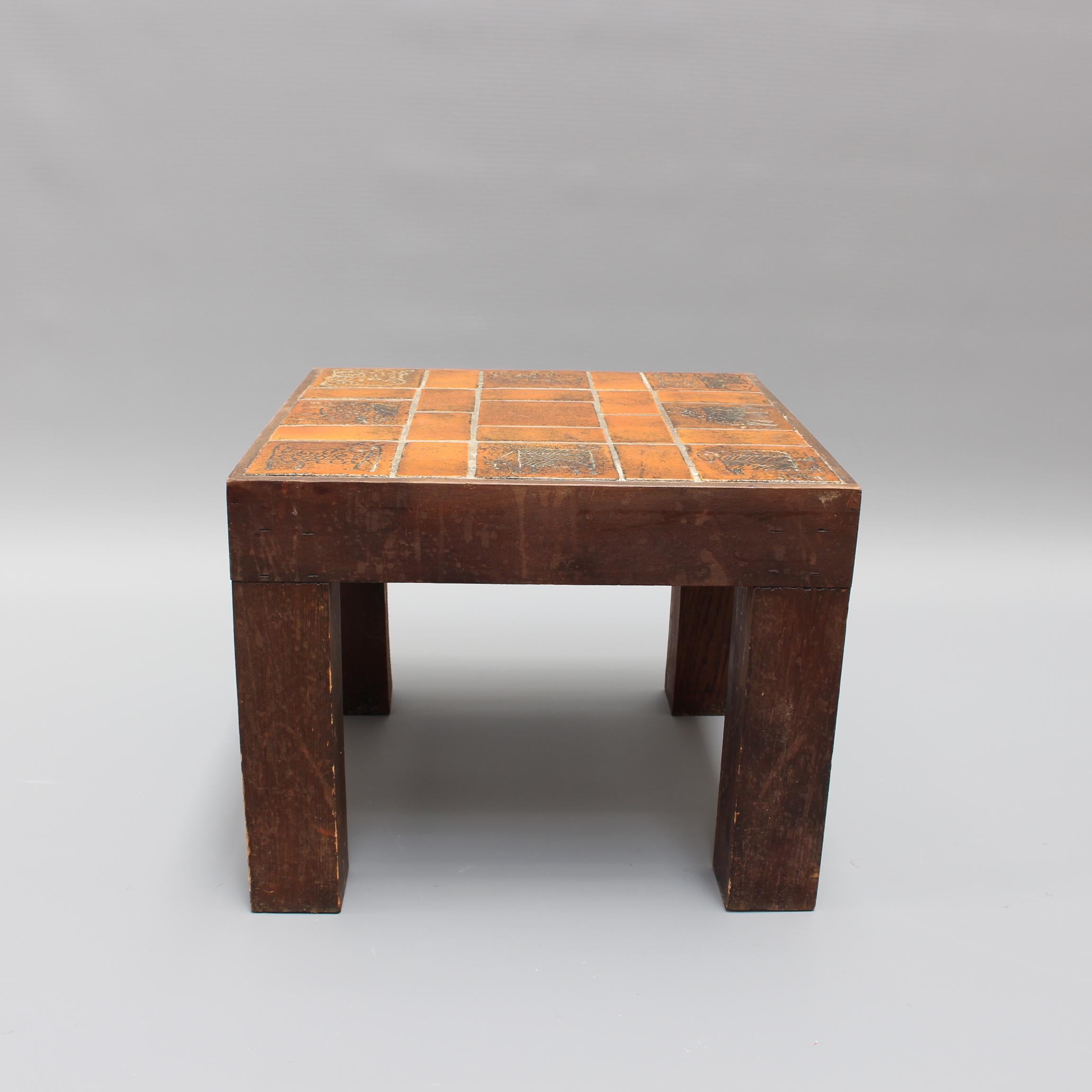 Vintage French Square Side Table with Ceramic Tile Top by Jacques Blin, c. 1950s In Fair Condition For Sale In London, GB