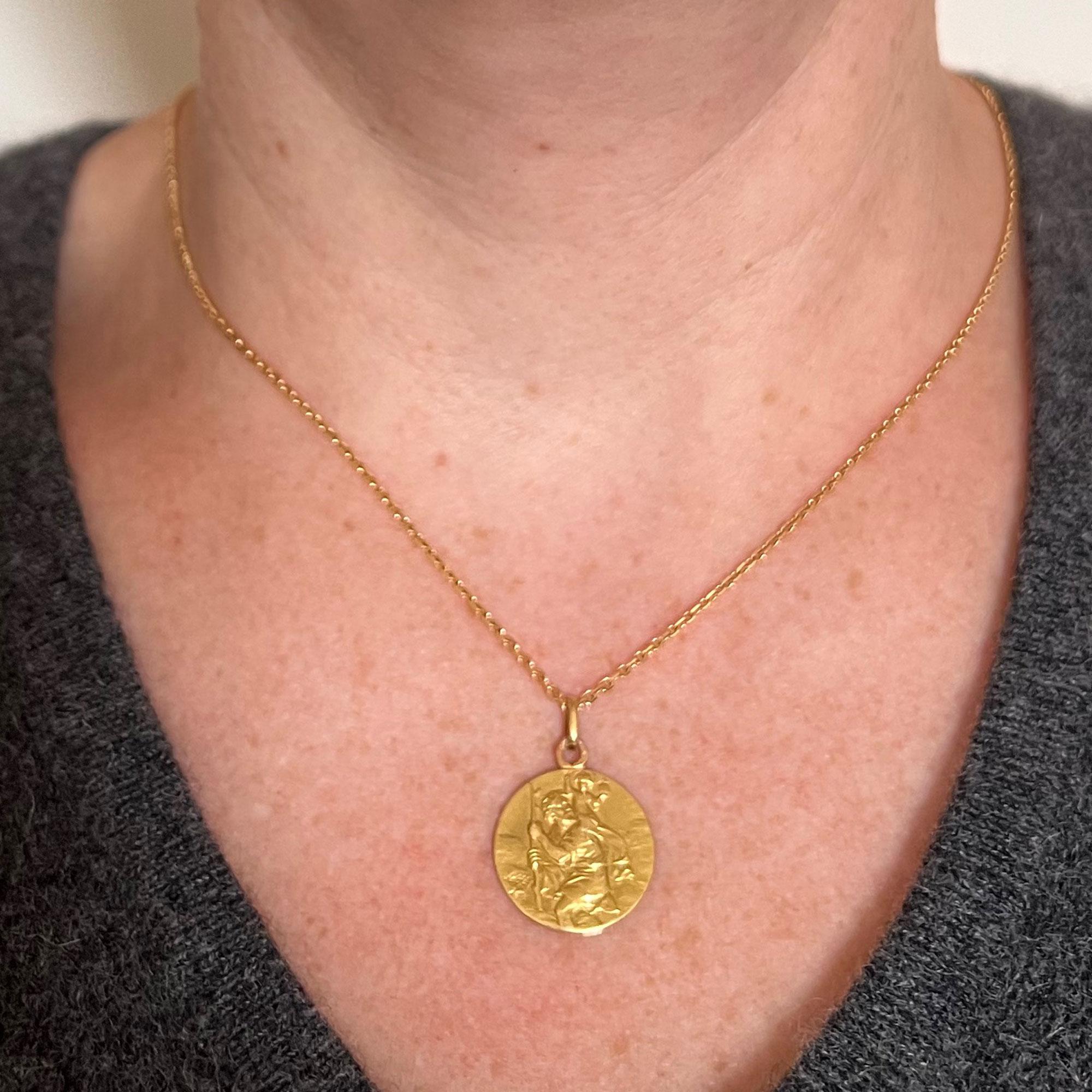 Women's or Men's Vintage French St Christopher 18K Yellow Gold Charm Pendant