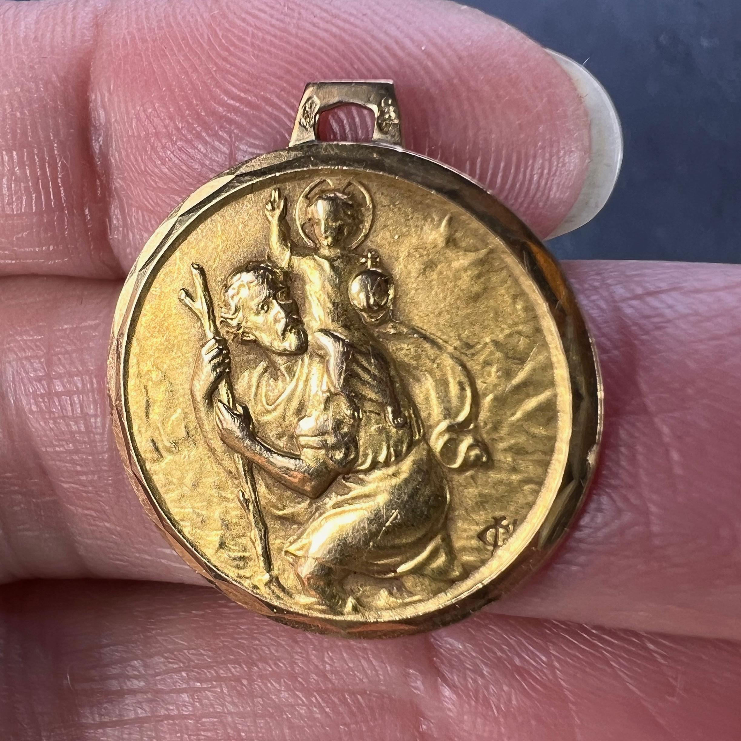 Women's or Men's Vintage French St Christopher 18K Yellow Gold Charm Pendant Medal