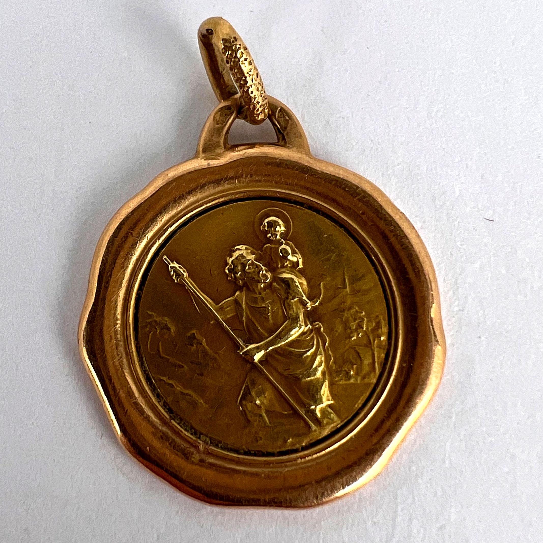 Vintage French St Christopher 18K Yellow Rose Gold Charm Pendant For Sale 6