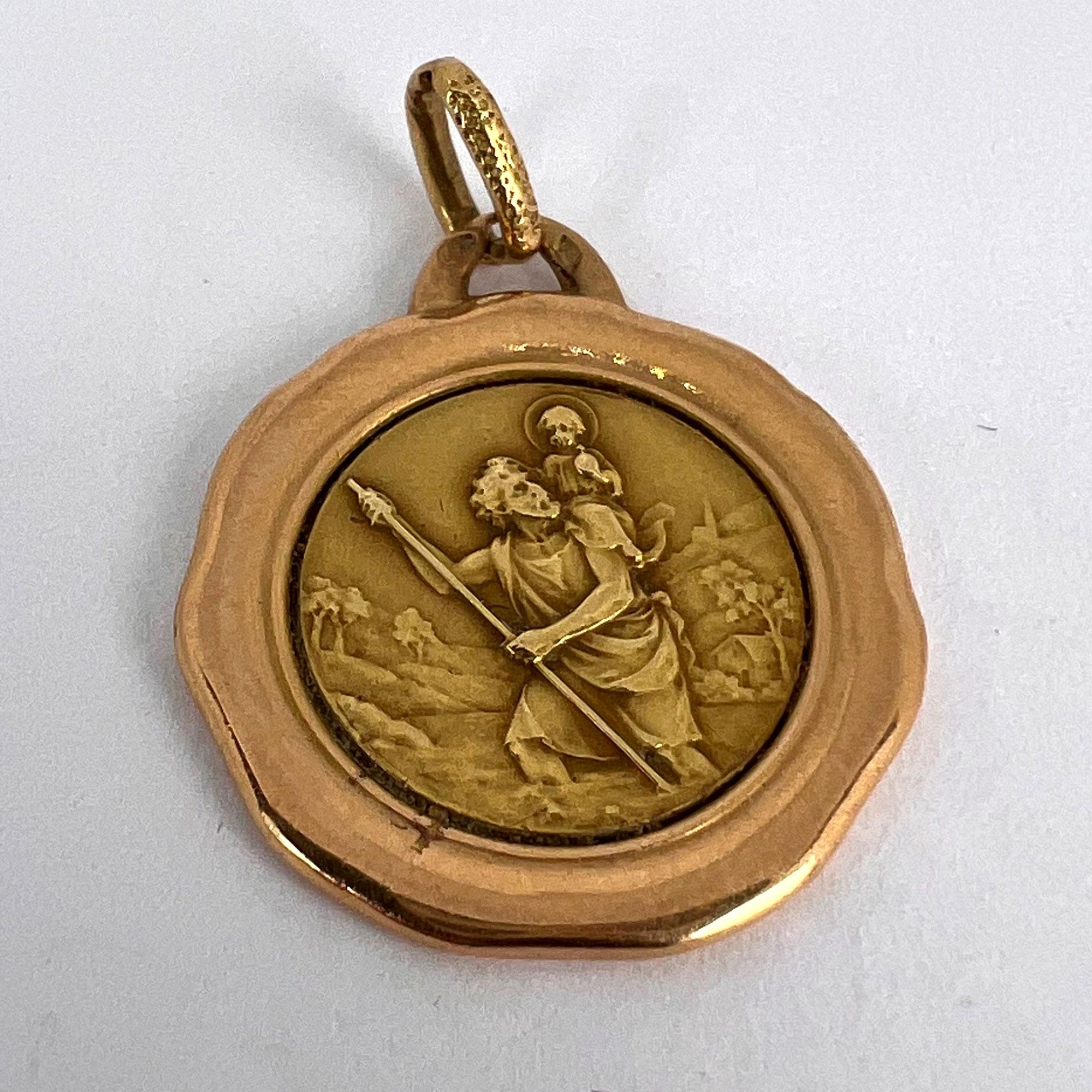 Vintage French St Christopher 18K Yellow Rose Gold Charm Pendant For Sale 7