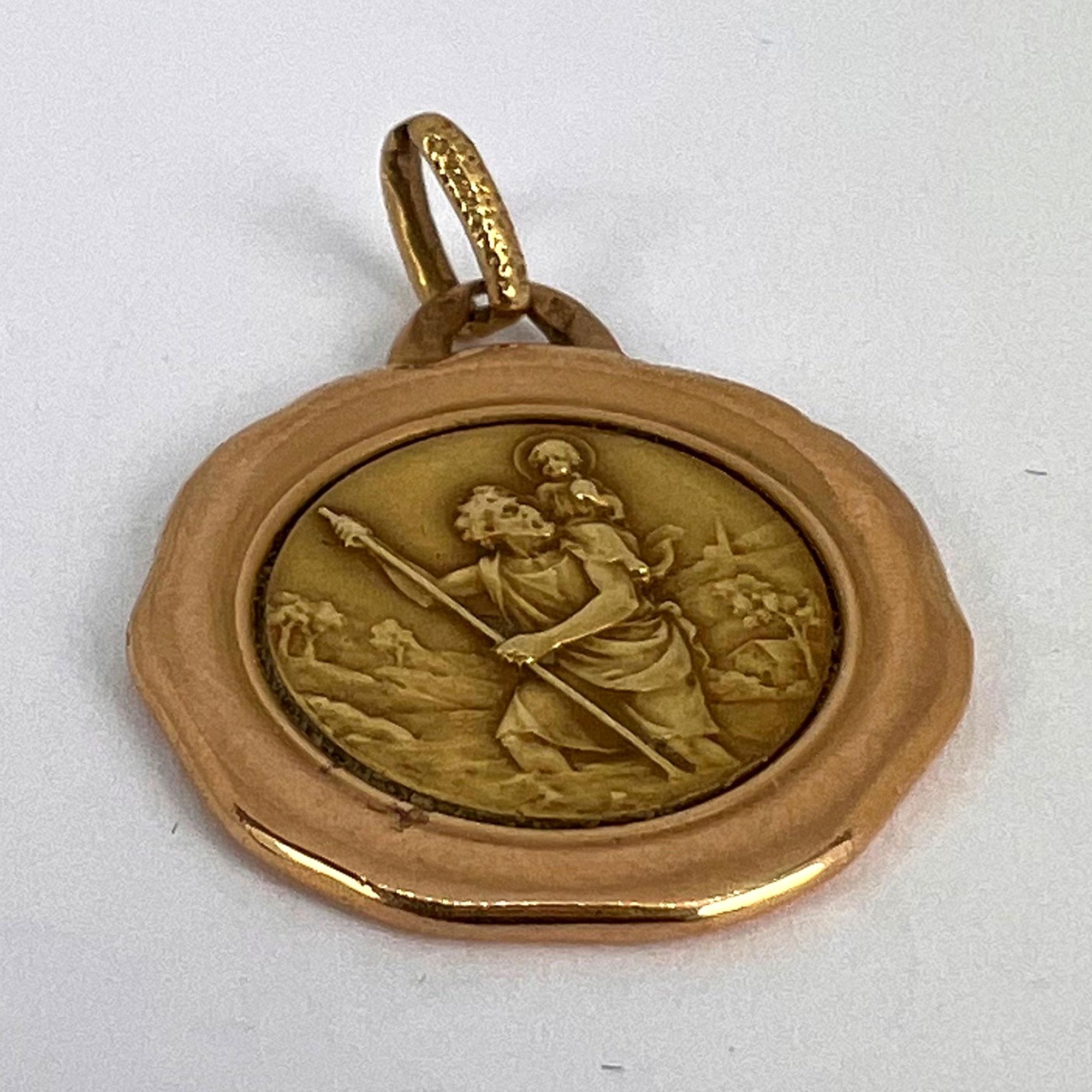 Vintage French St Christopher 18K Yellow Rose Gold Charm Pendant For Sale 8