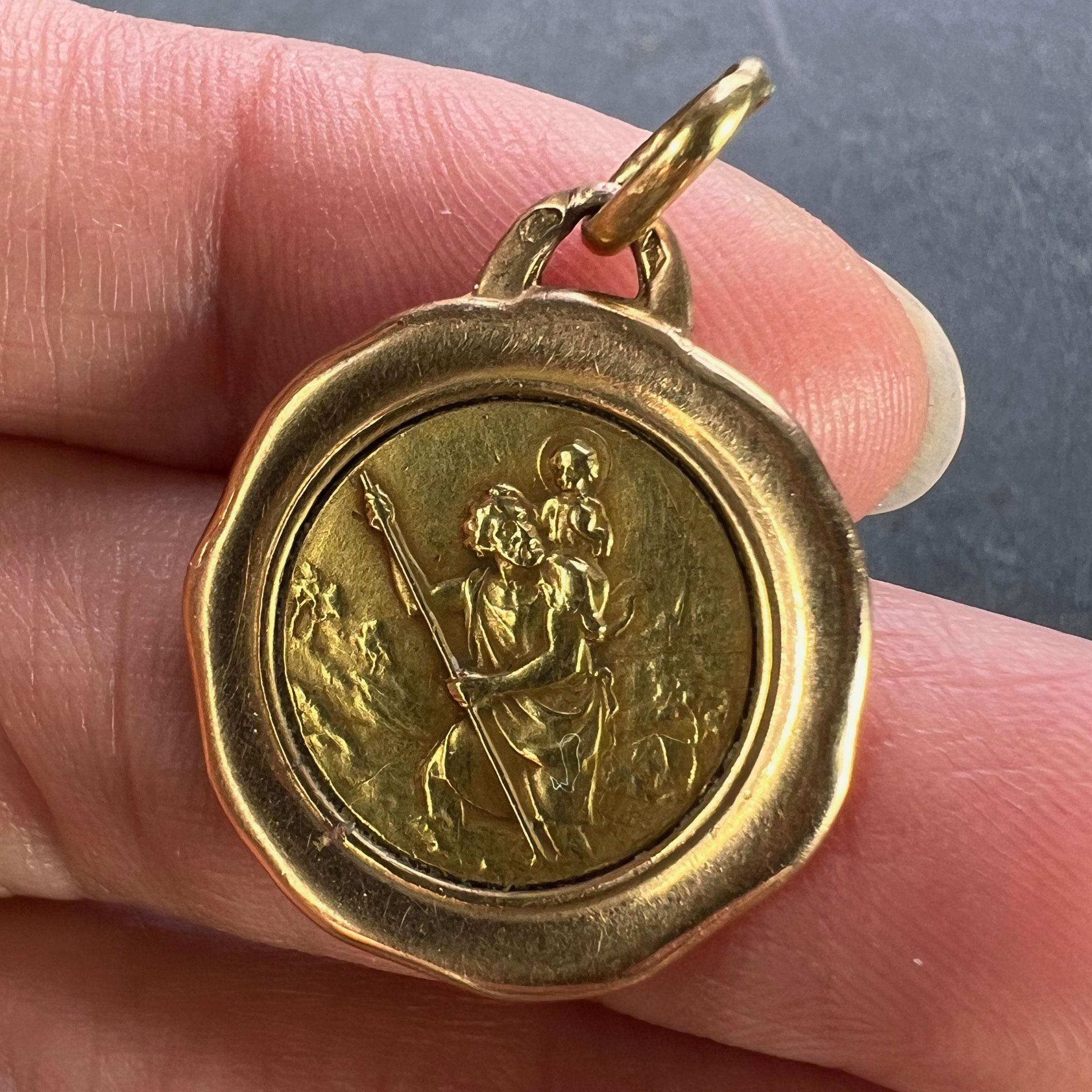 Vintage French St Christopher 18K Yellow Rose Gold Charm Pendant For Sale 1