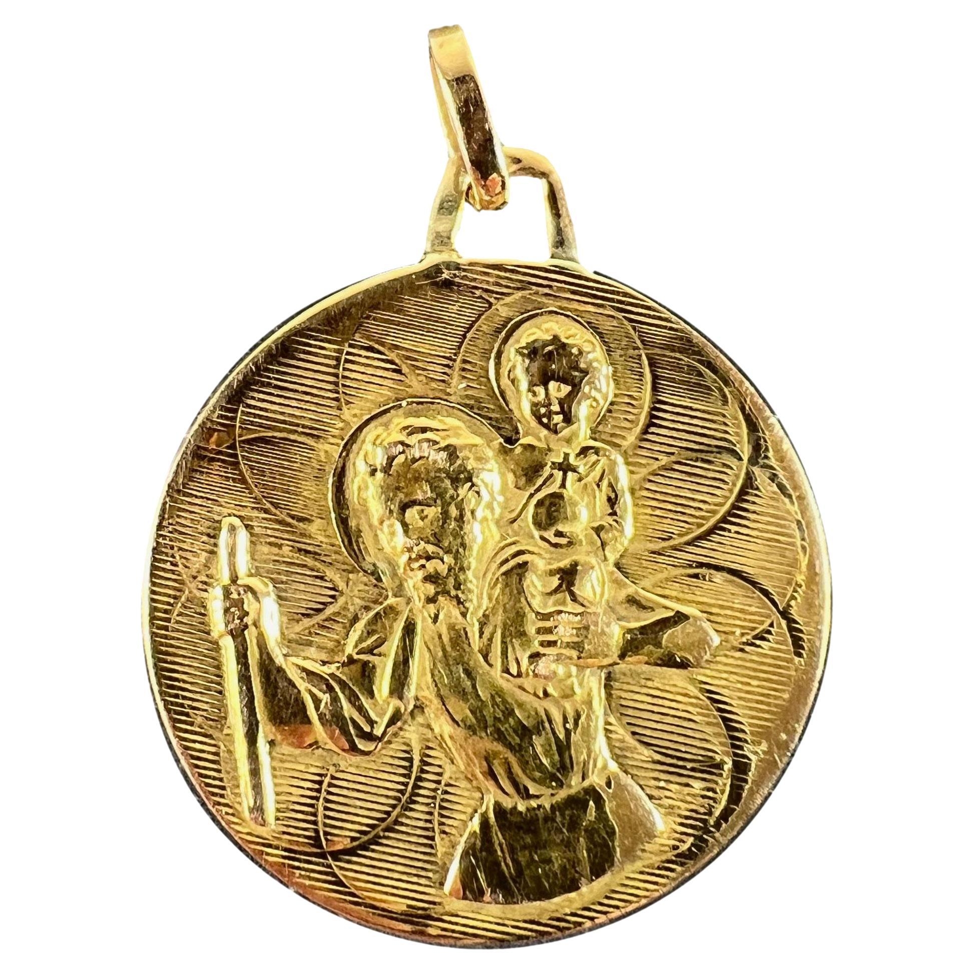 Colgante vintage de medalla francesa de doble cara de San Cristóbal de oro amarillo de 18 quilates