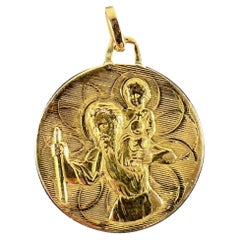 Vintage French St Christopher Double-Sided 18K Yellow Gold Medal Pendant