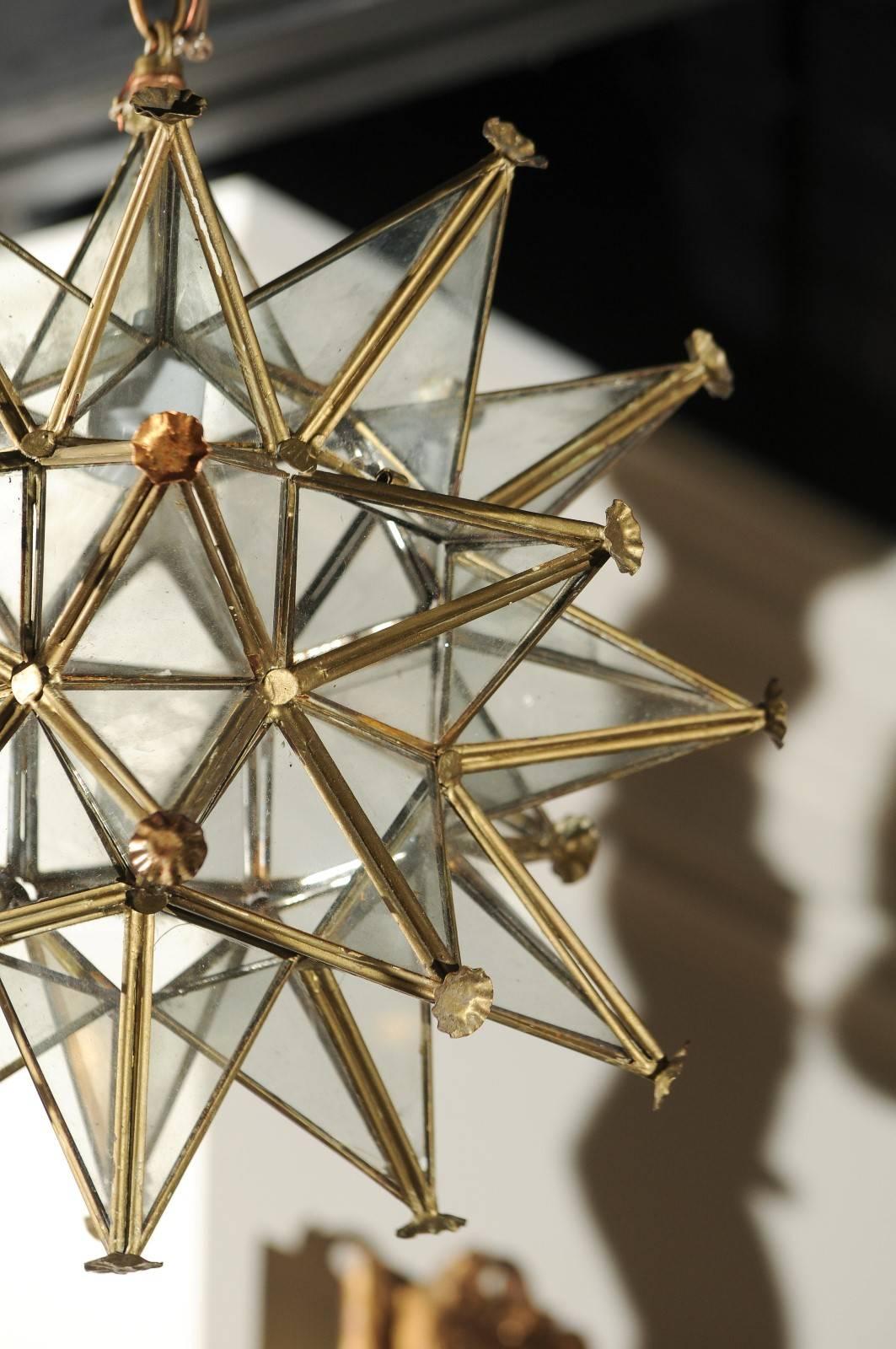 Mid-Century Modern Vintage French Star Light Fixture with Gilt Metal Frame and Glass Panels, 1950s