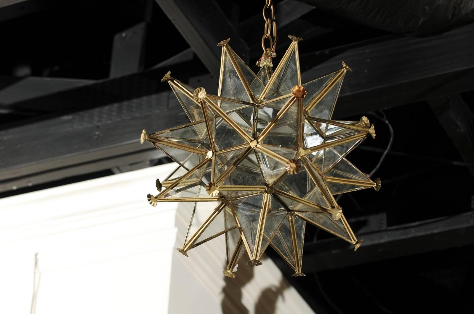 Vintage French Star Light Fixture with Gilt Metal Frame and Glass Panels, 1950s In Good Condition In Atlanta, GA