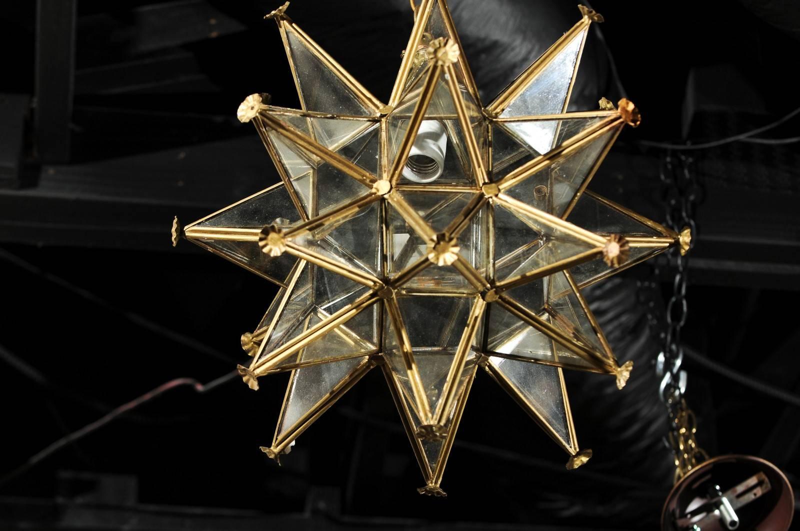 20th Century Vintage French Star Light Fixture with Gilt Metal Frame and Glass Panels, 1950s