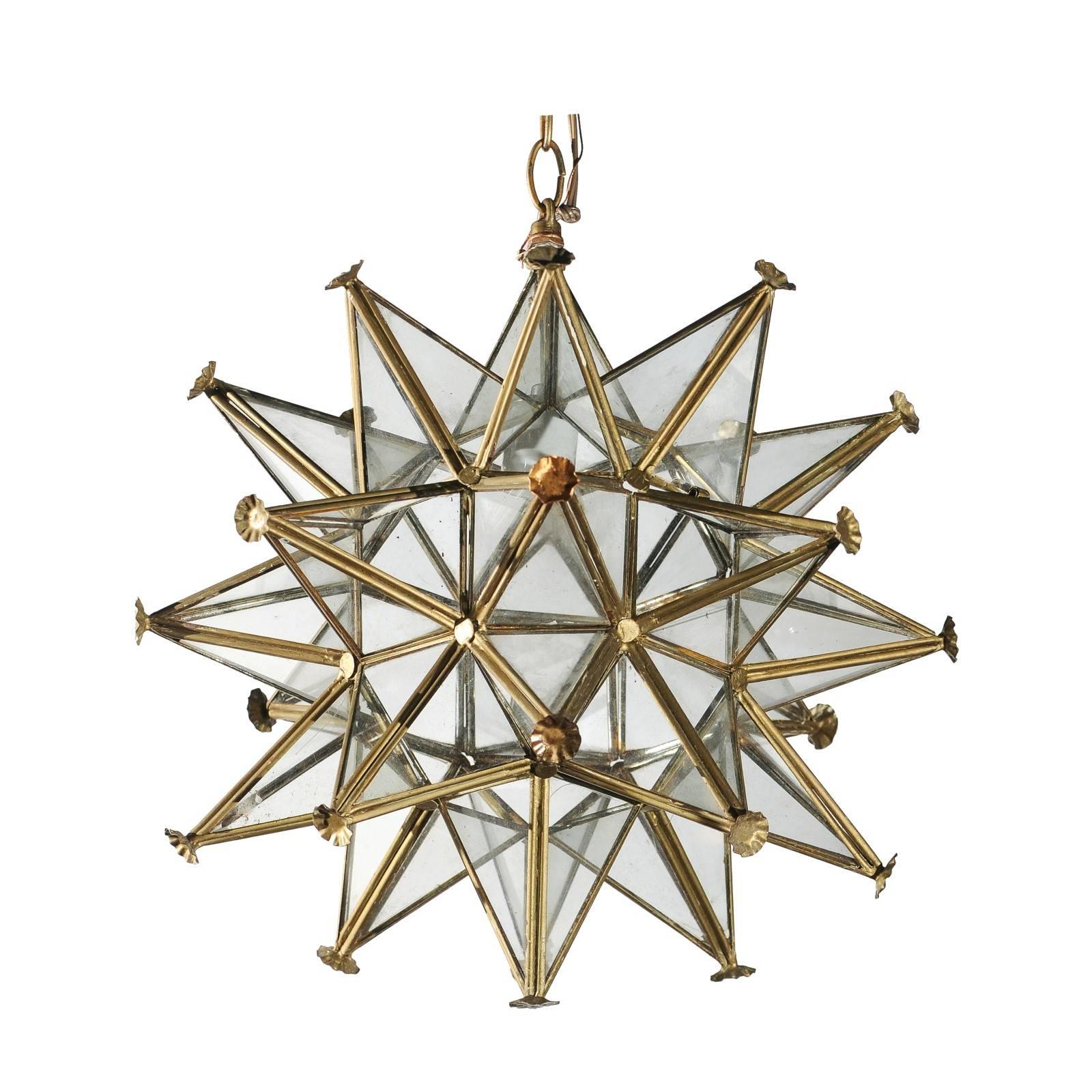 Vintage French Star Light Fixture with Gilt Metal Frame and Glass Panels, 1950s