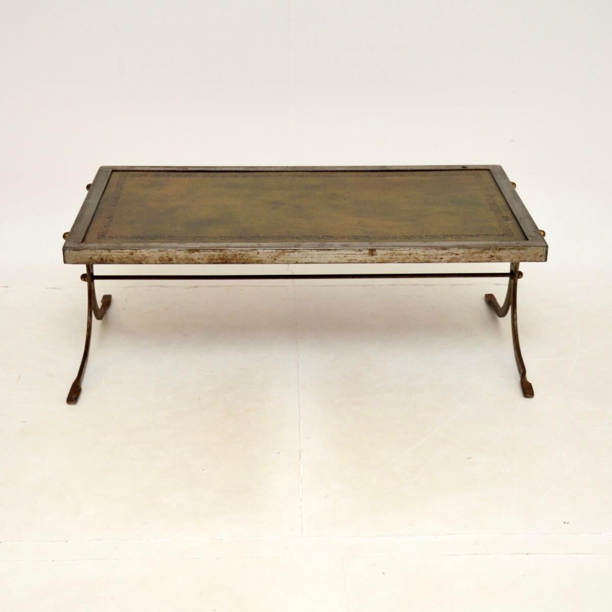 Mid-Century Modern Vintage French Steel and Leather Coffee Table For Sale