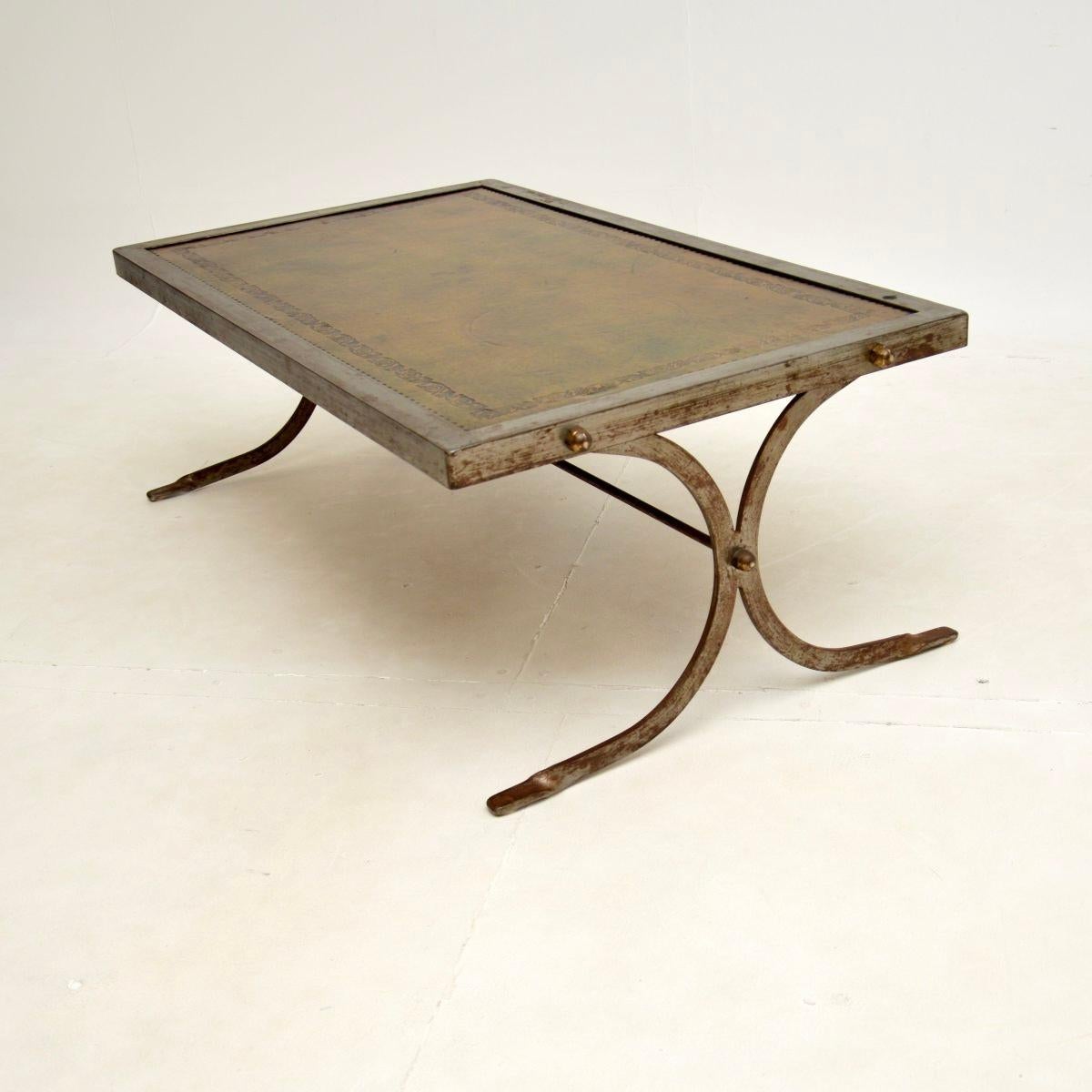 Mid-20th Century Vintage French Steel and Leather Coffee Table For Sale