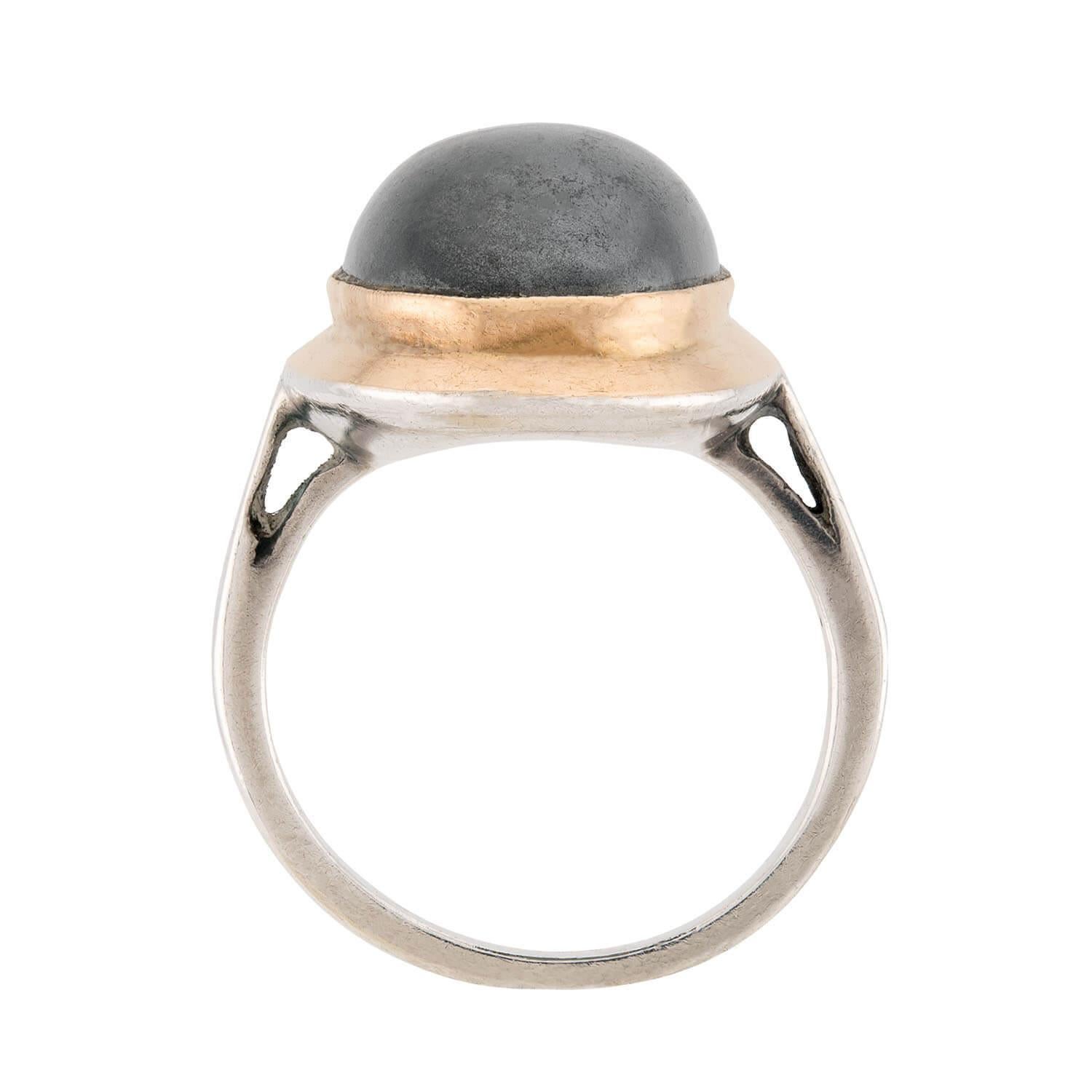 Cabochon Vintage French Sterling Silver/18k Hematite Ring For Sale