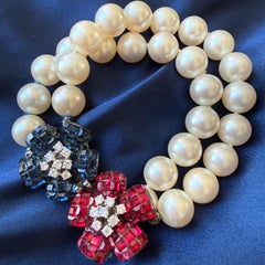 Vintage French Sterling Silver Invisible Set Glass Flower Bracelet Faux Pearls