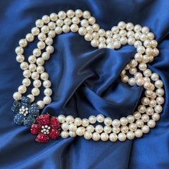 Vintage French Sterling Silver Invisible Set Glass Flower Necklace Faux Pearls