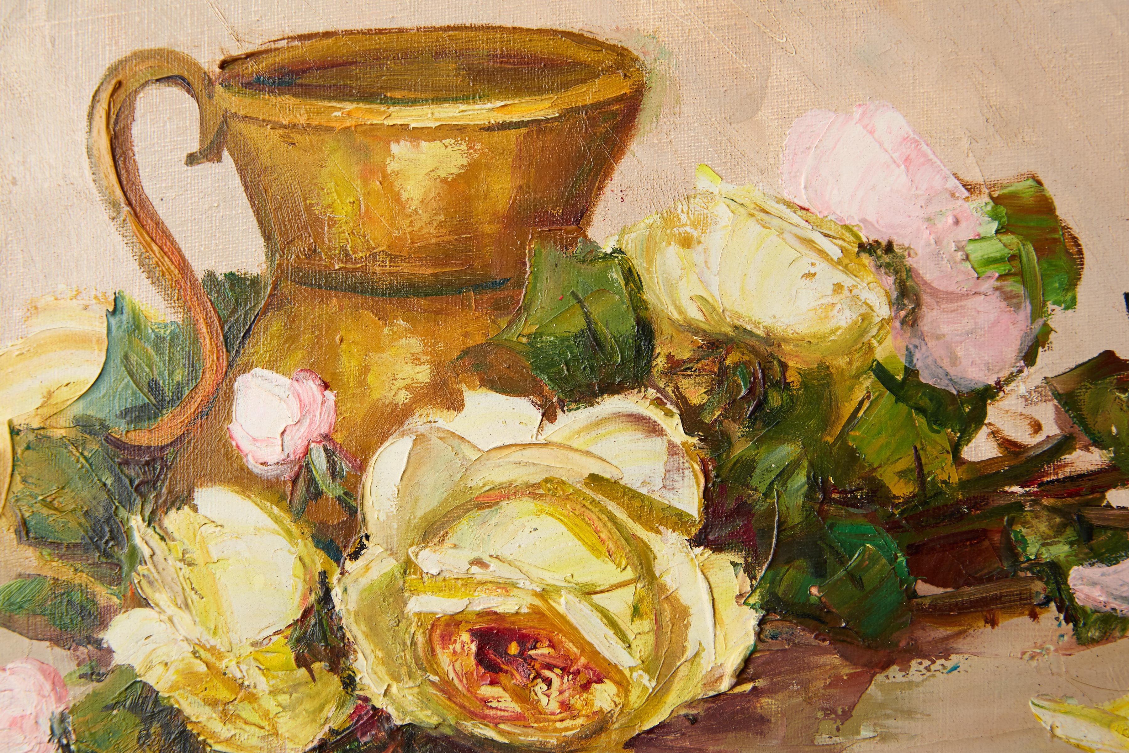 French Provincial Vintage French Still Life of Roses by Simone Lalanne Bascle, circa 1940s
