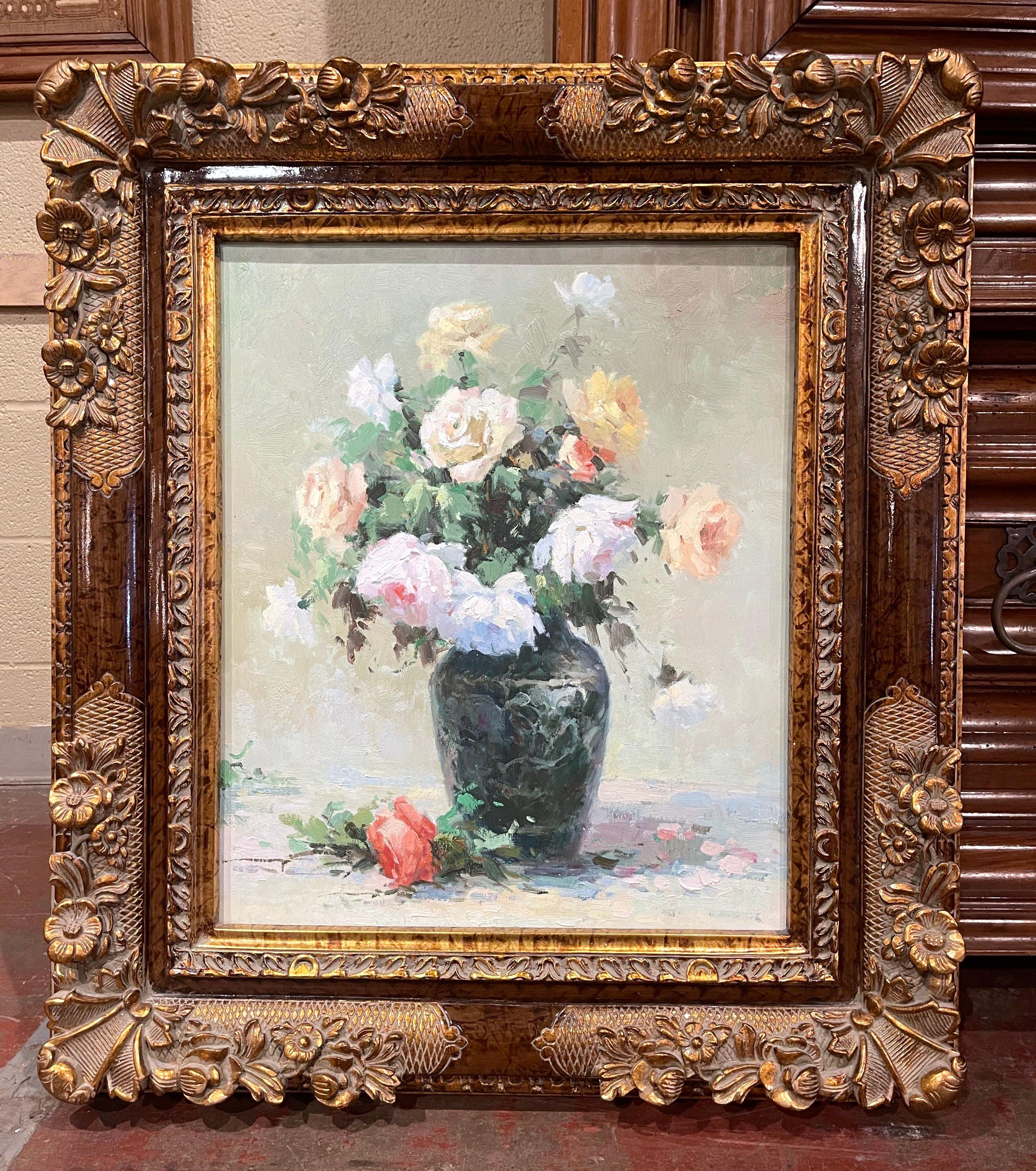 Vintage French Still Life Oil Painting on Canvas in Carved Gilt Frame 1