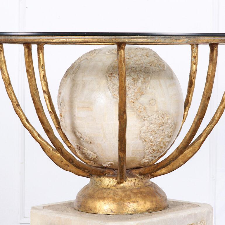 Gold Leaf Vintage French Onyx and Metal Glass-Top Table