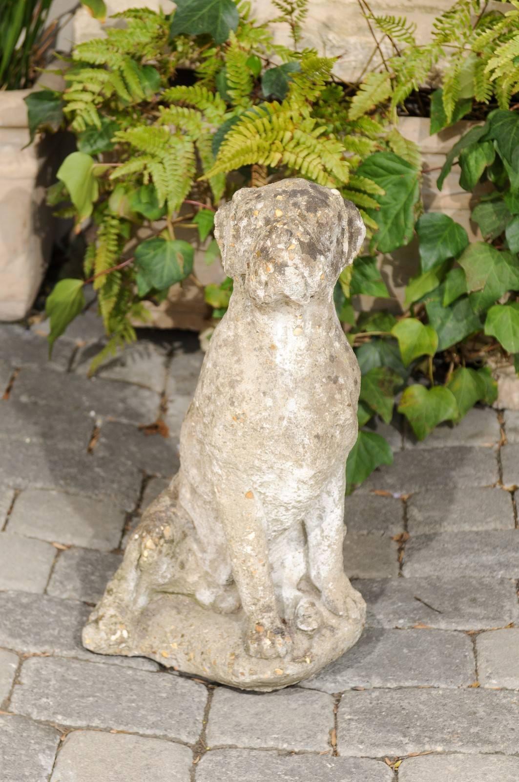 A French vintage stone dog sculpture with weathered appearance from the first half of the 20th century. This French statue depicts a dog, obediently sitting in a pose that will be not be unfamiliar to dog owners. With its weight shifted to the left,