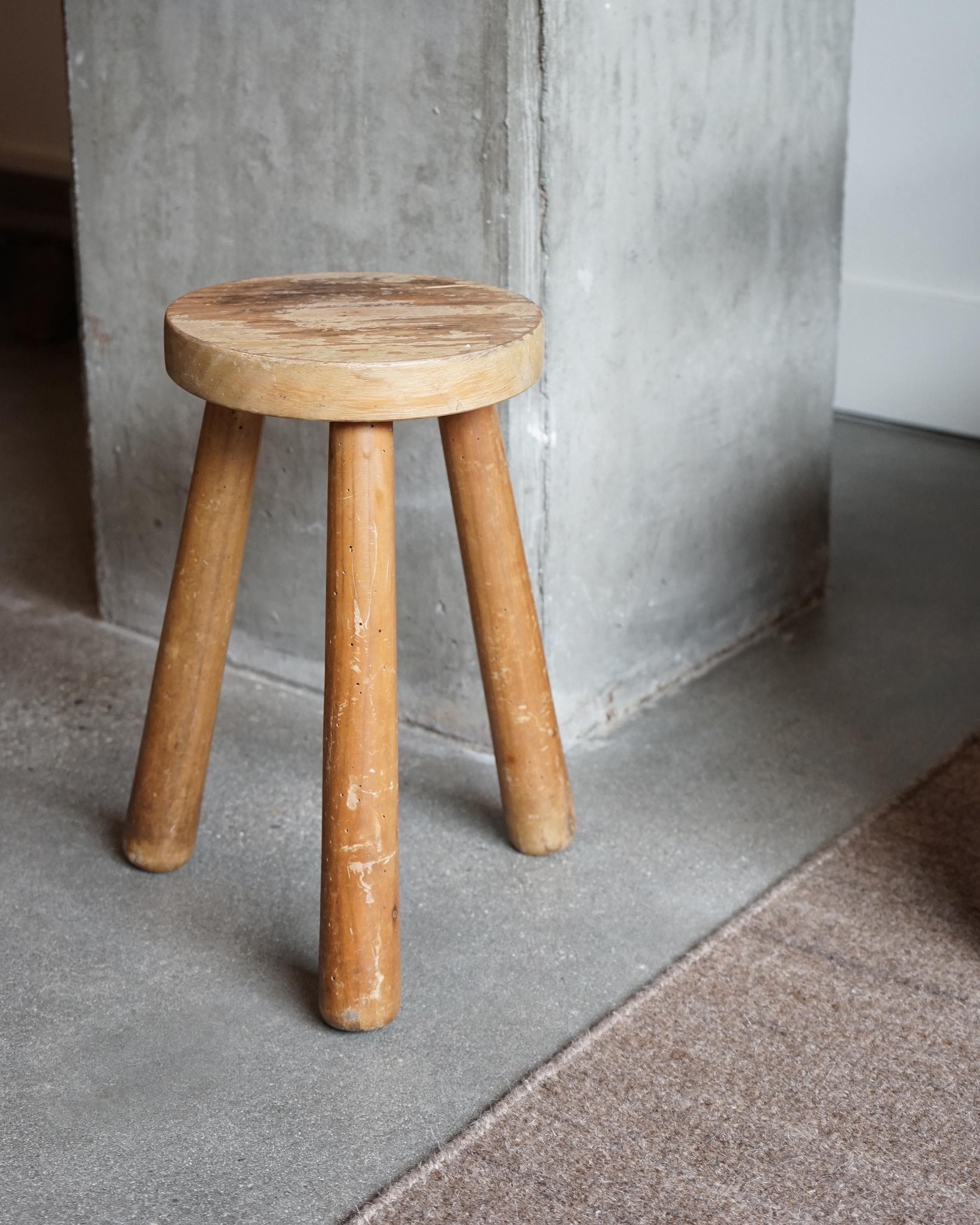 20th Century Vintage French Stool, 1940's, Tripod Stool with Excellent Patina Perriand Style For Sale