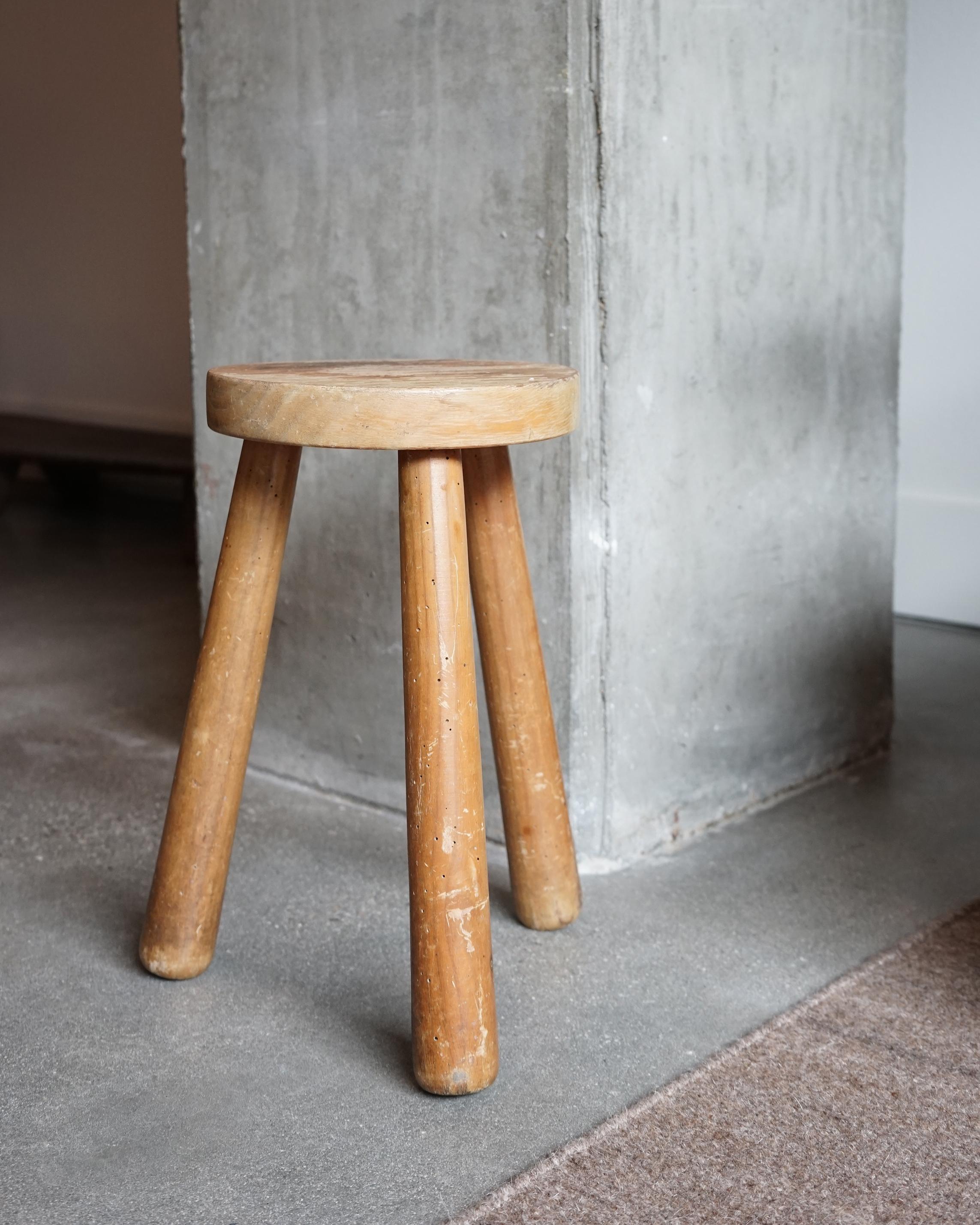 Wood Vintage French Stool, 1940's, Tripod Stool with Excellent Patina Perriand Style For Sale