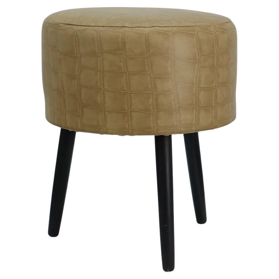 Vintage French Stool in Faux Leather and Wood, circa 1960 For Sale