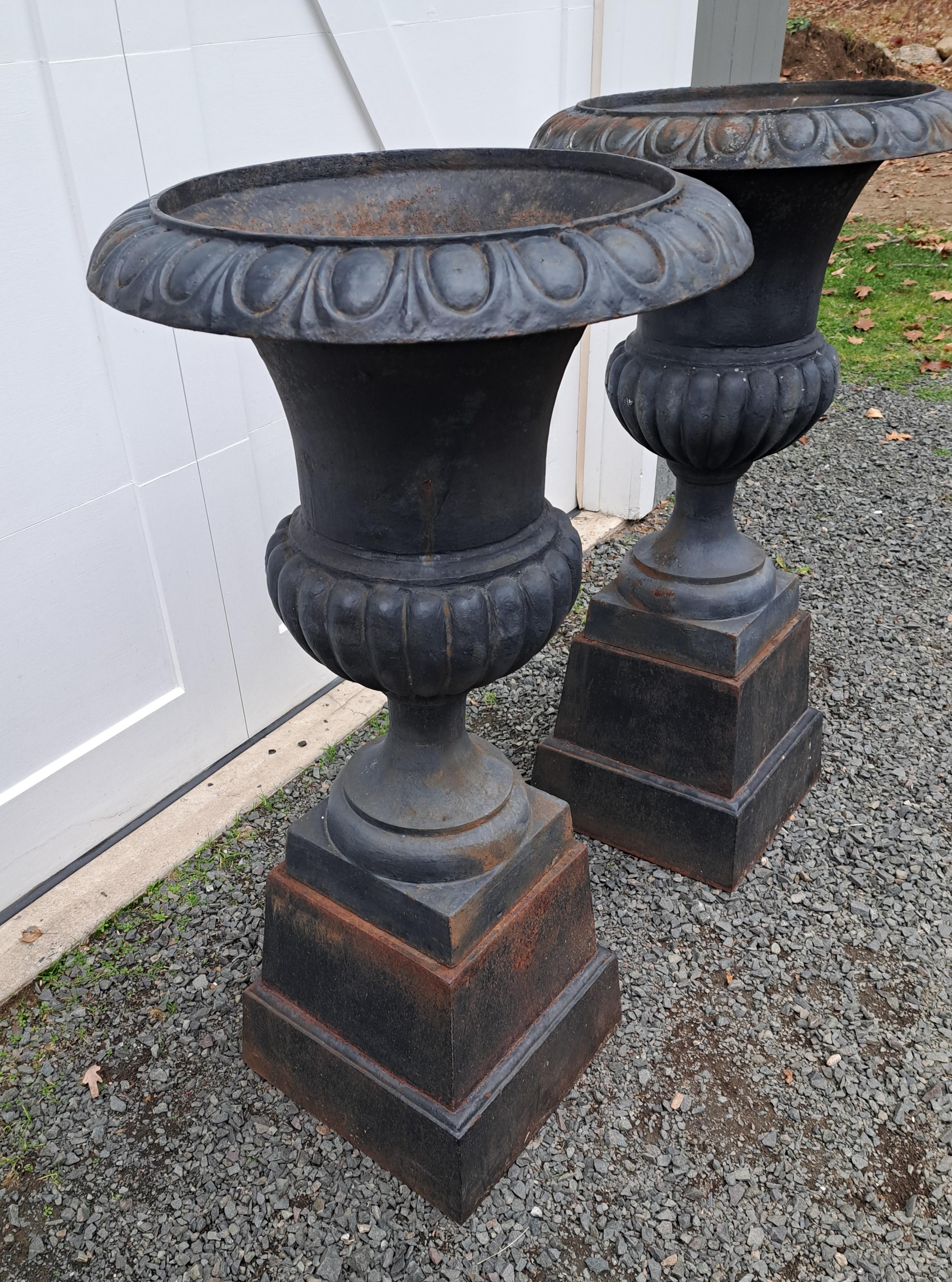 Coppia di urne in ghisa vintage.  2 parti ciascuna, urna e base.  Il totale è di 44