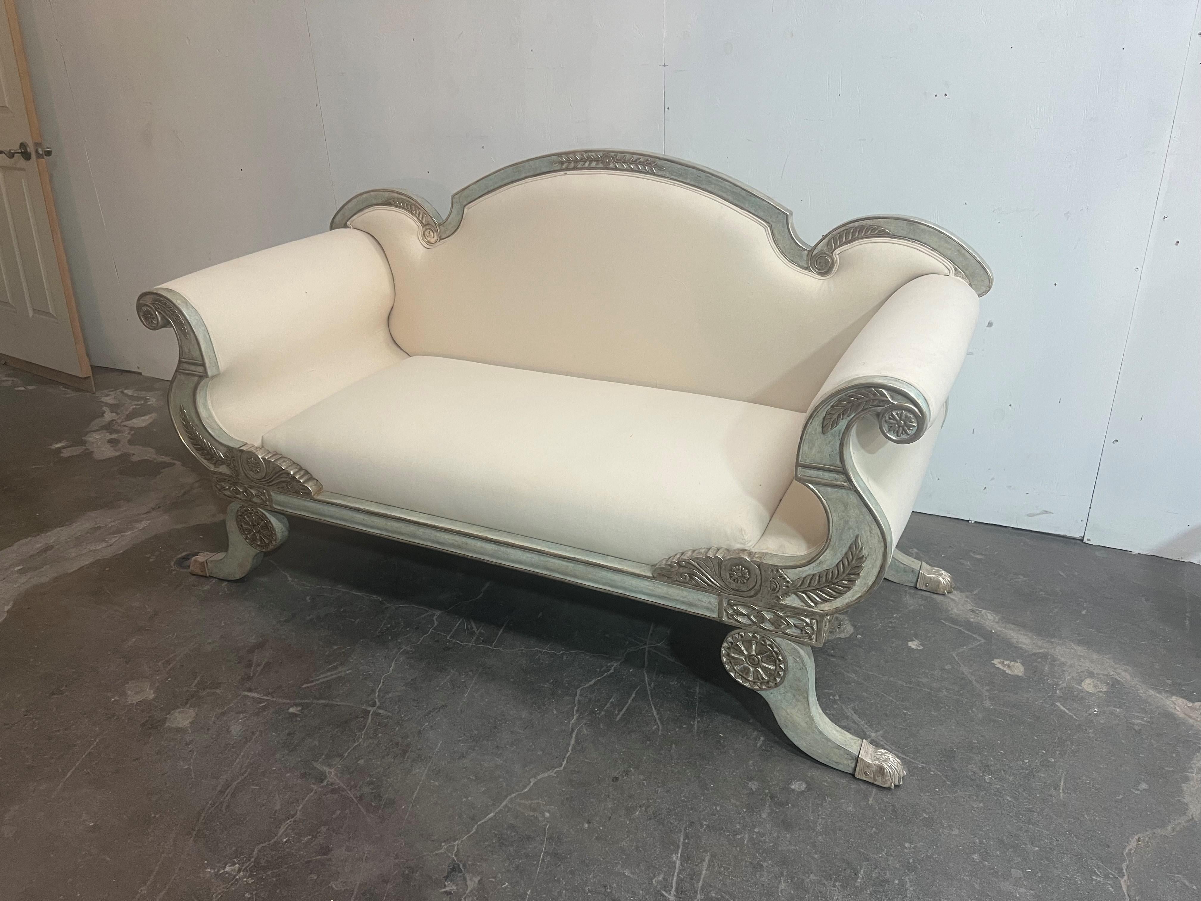American Vintage French Style 23 White Karat Gold Finished Settee Upholstered in Muslin For Sale