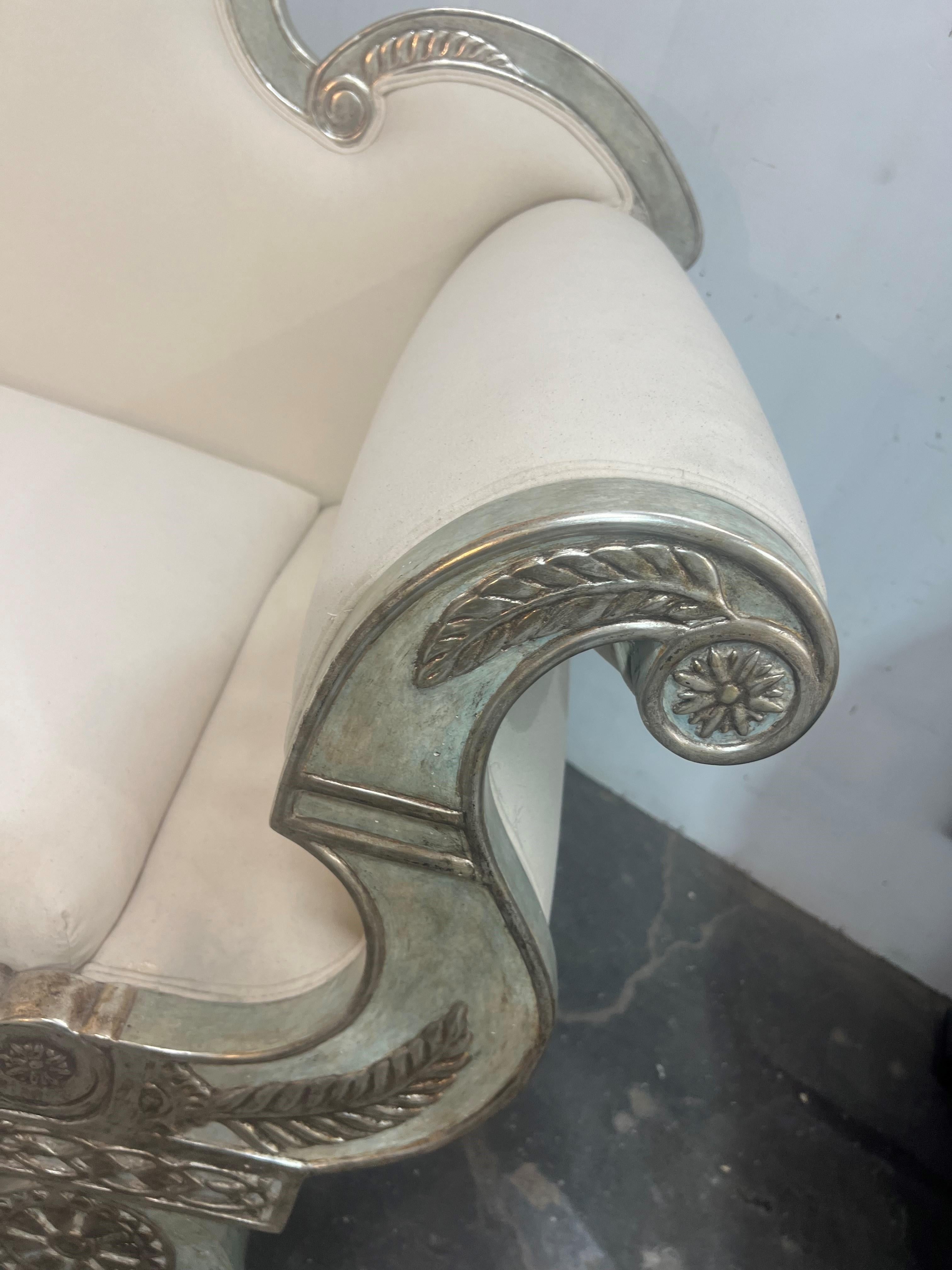 Carved Vintage French Style 23 White Karat Gold Finished Settee Upholstered in Muslin For Sale