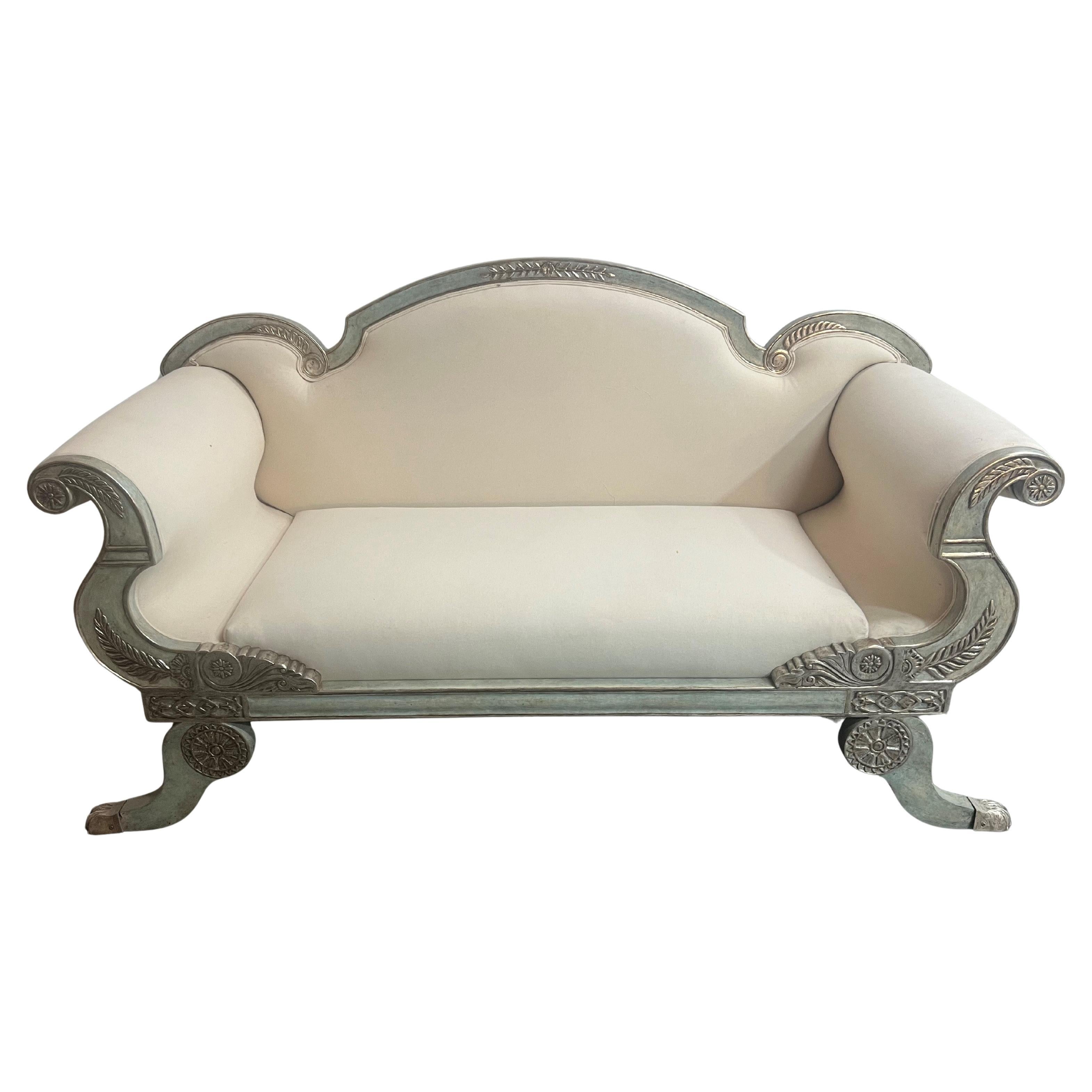 Vintage French Style 23 White Karat Gold Finished Settee Upholstered in Muslin For Sale