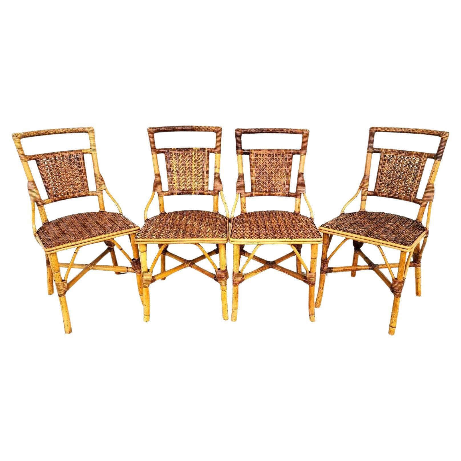 Vintage French Style Bamboo Rattan Wicker Dining Chairs, Set of 4