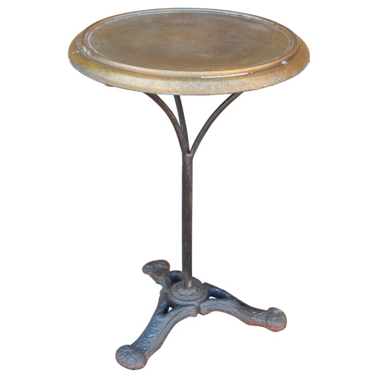 Vintage French Style Bistro Table with Metal Brass Top on Iron Base at