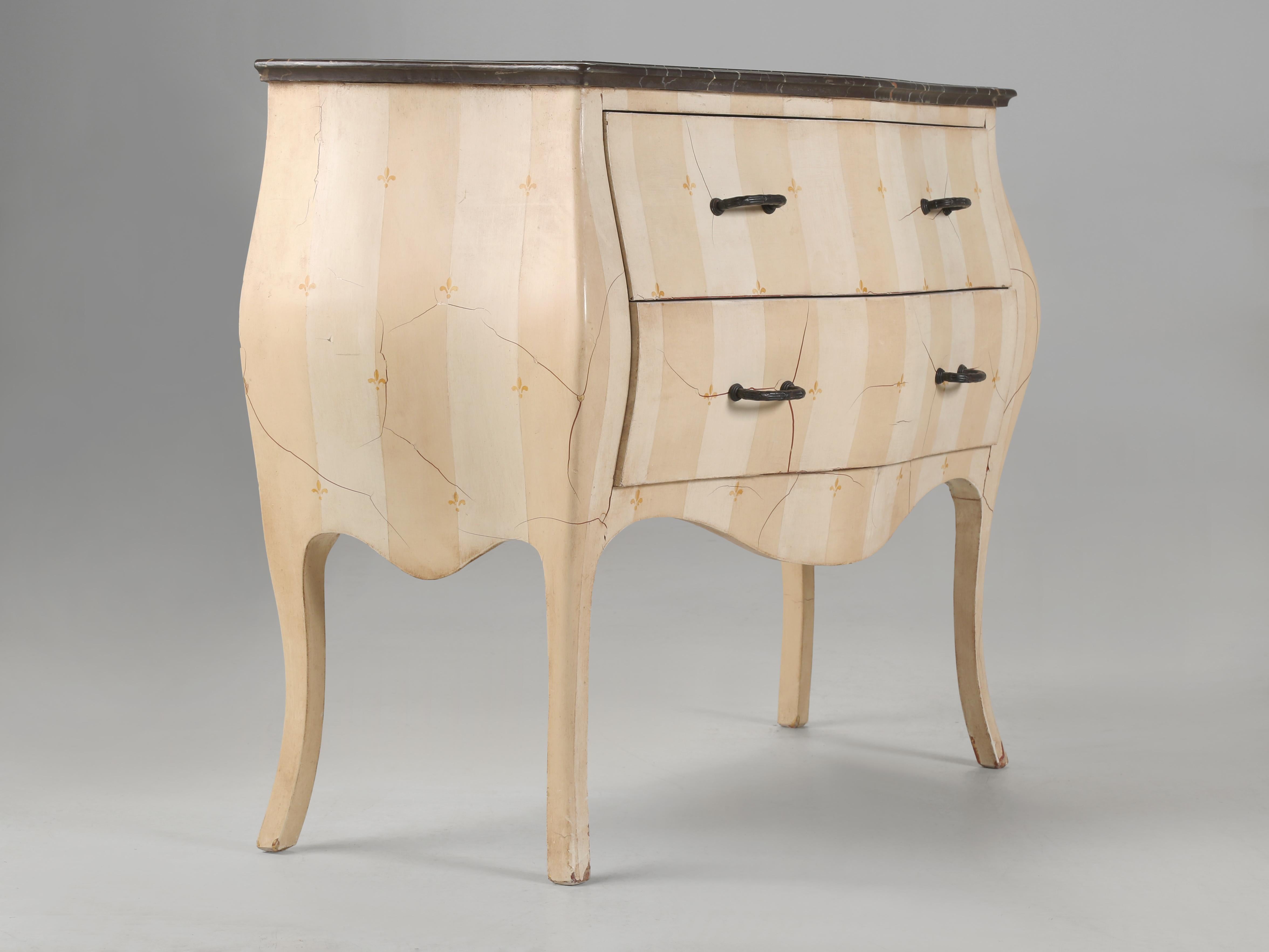 Unknown Vintage French Style Bombé Commode with a Great Faux Marble Top and Aged Paint For Sale