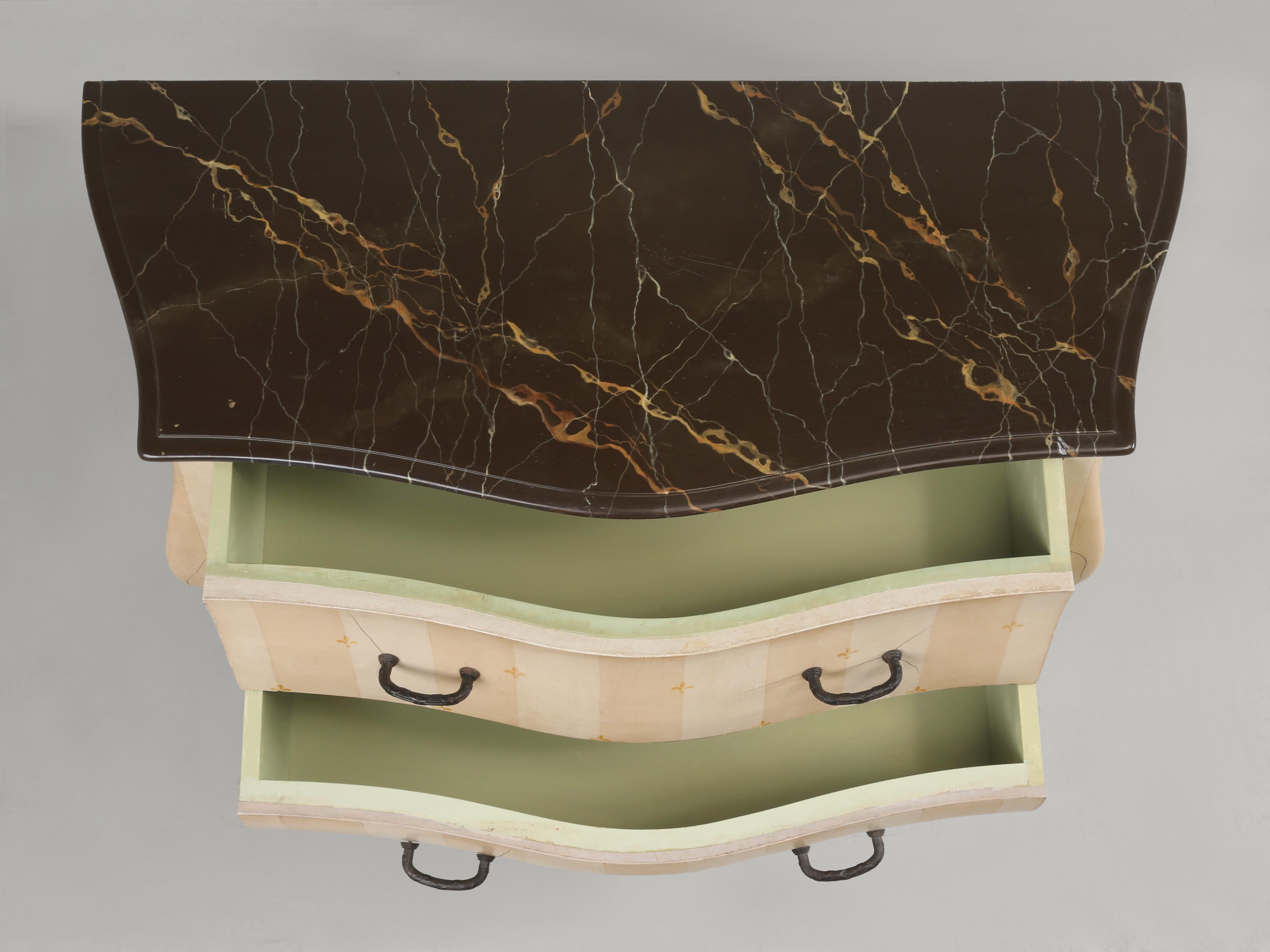 Hand-Painted Vintage French Style Bombé Commode with a Great Faux Marble Top and Aged Paint For Sale