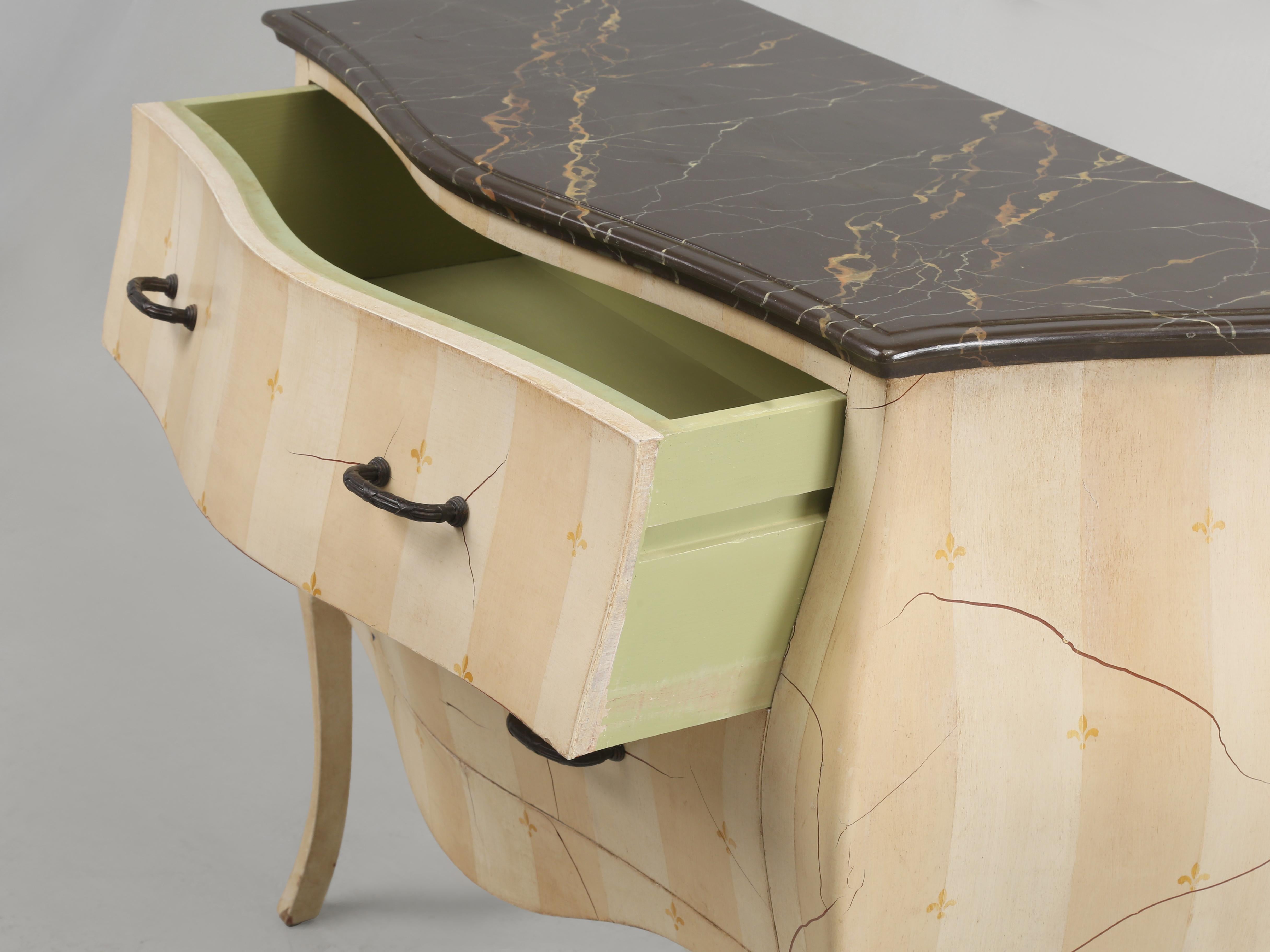 Vintage French Style Bombé Commode with a Great Faux Marble Top and Aged Paint For Sale 1