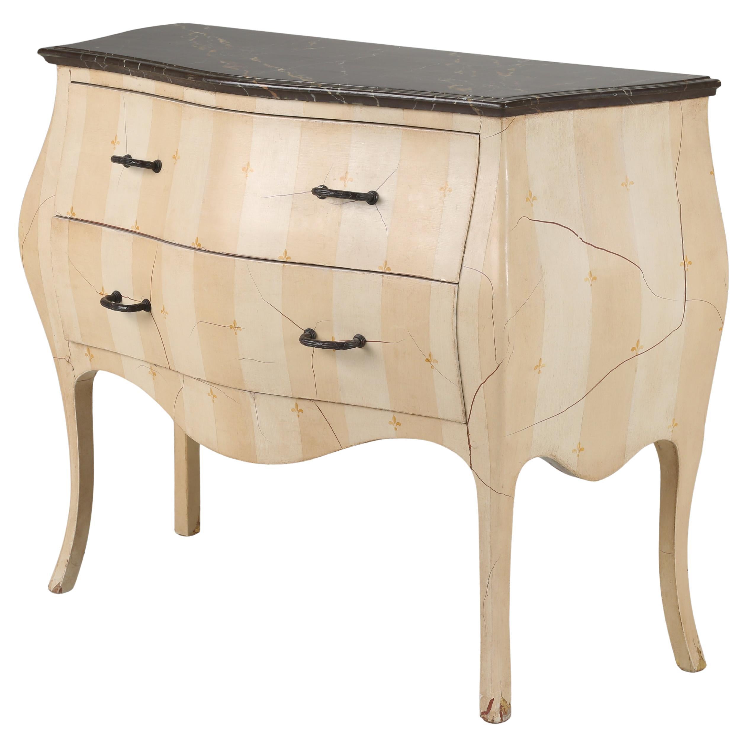 Vintage French Style Bombé Commode with a Great Faux Marble Top and Aged Paint For Sale