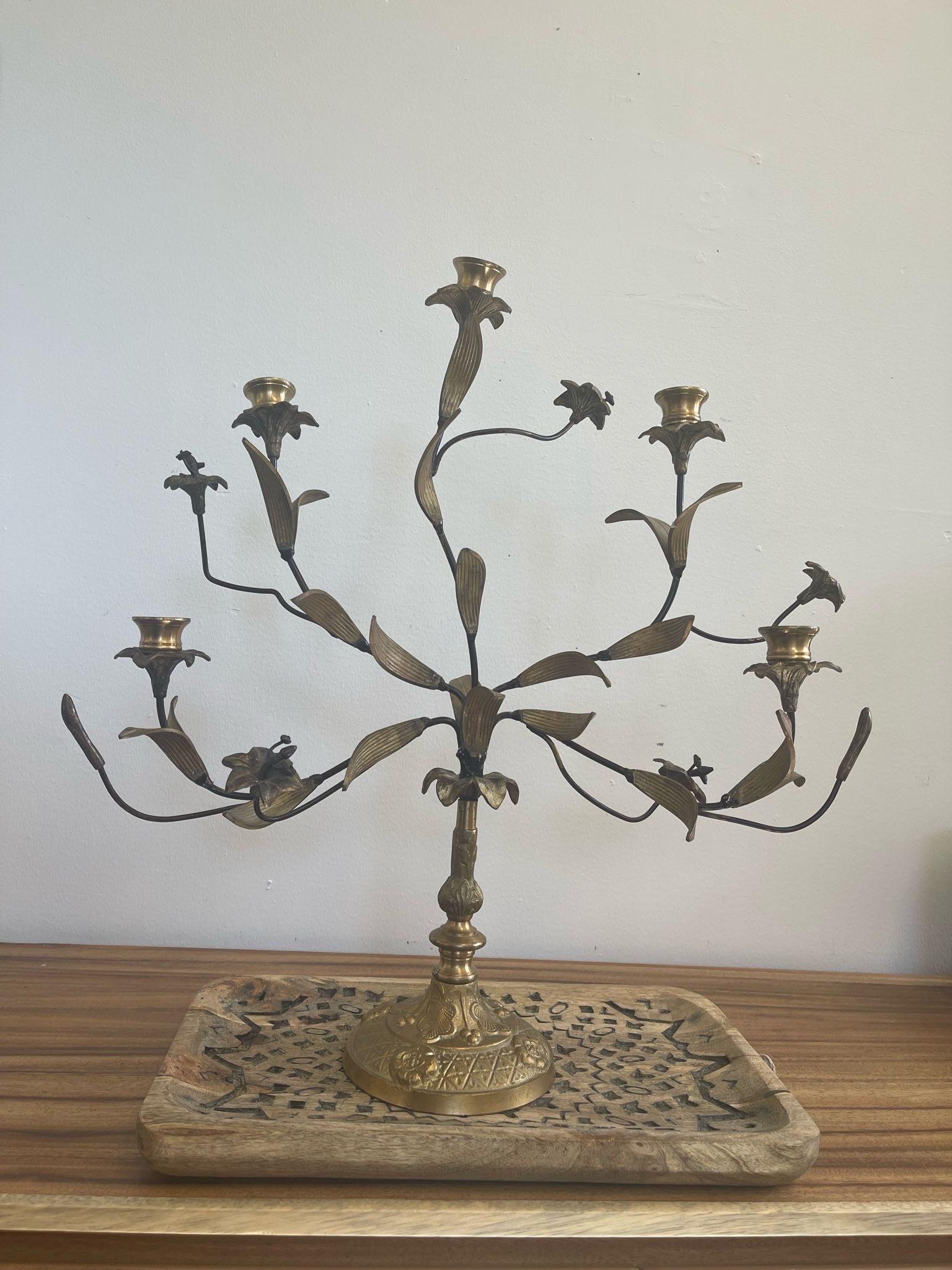 Mid-Century Modern Vintage French Style Brass and Metal Candelabra With Sculpted Lillie’s and leave For Sale