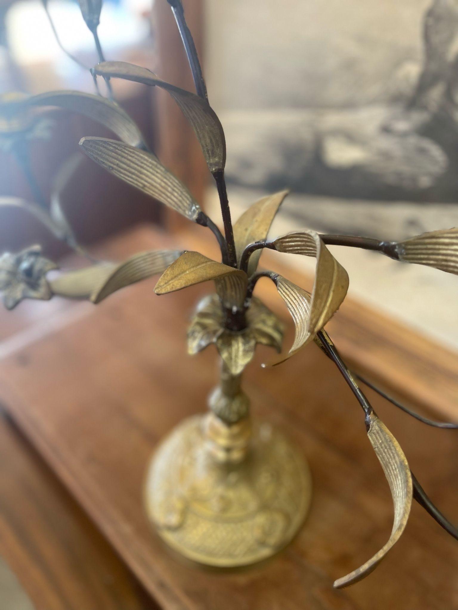 Vintage French Style Brass and Metal Candelabra With Sculpted Lillie’s and leave In Good Condition For Sale In Seattle, WA