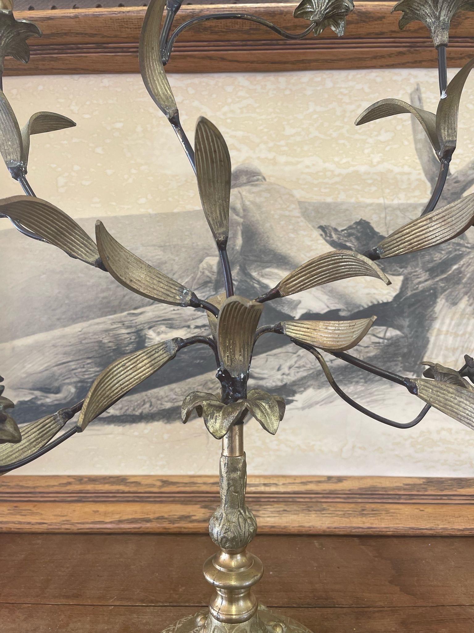 Late 20th Century Vintage French Style Brass and Metal Candelabra With Sculpted Lillie’s and leave For Sale