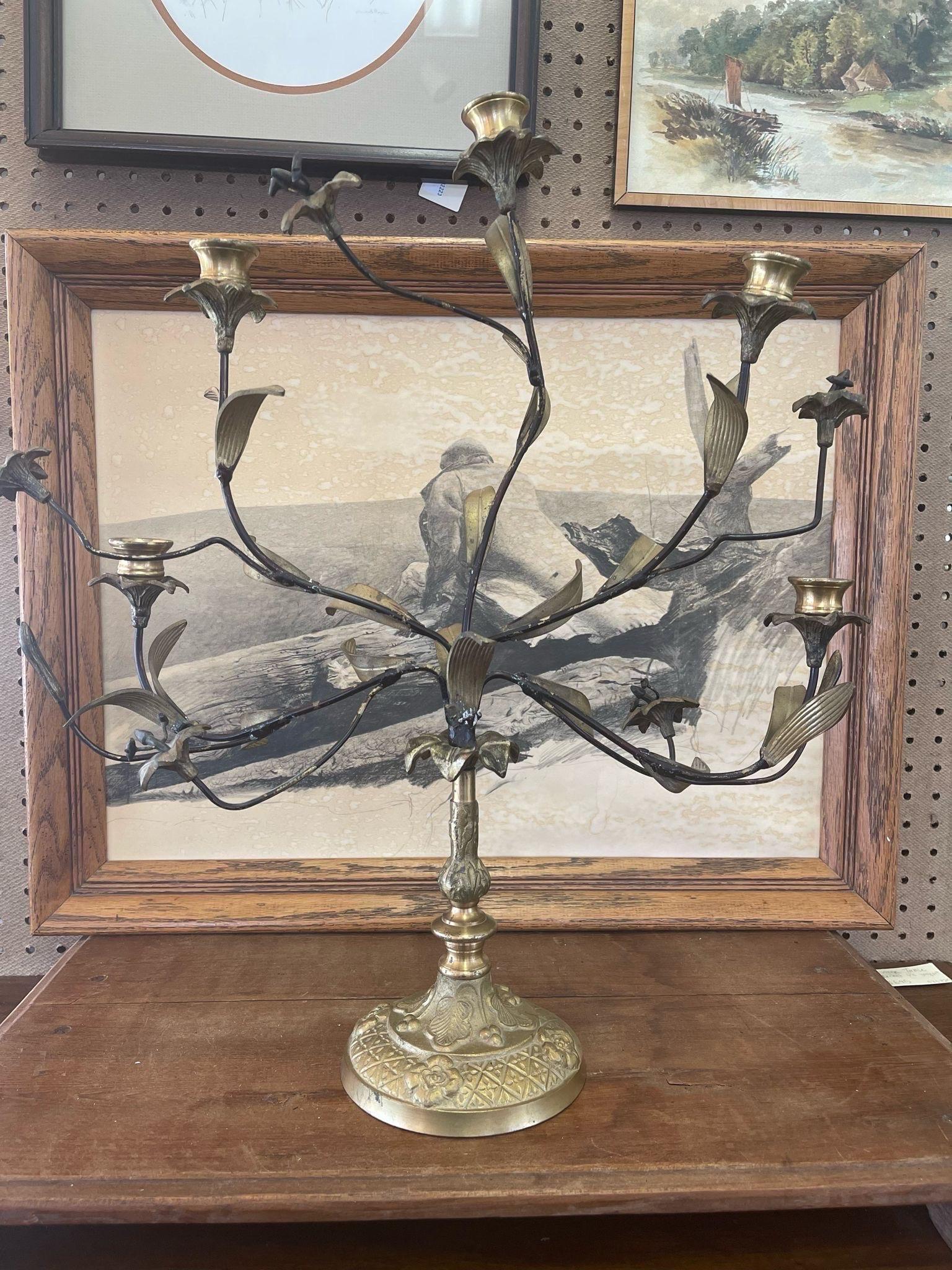 Vintage French Style Brass and Metal Candelabra With Sculpted Lillie’s and leave For Sale 1
