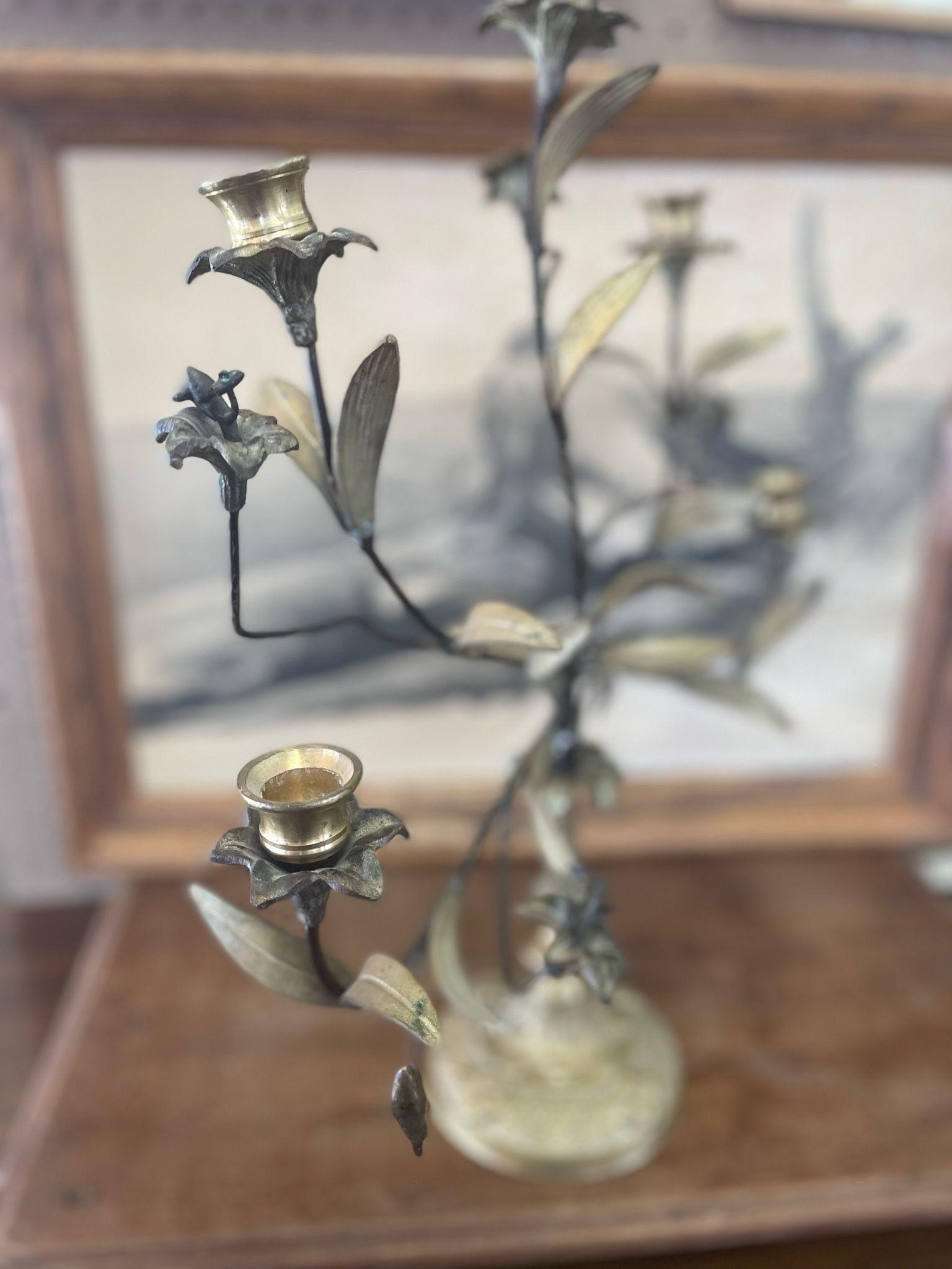 Vintage French Style Brass and Metal Candelabra With Sculpted Lillie’s and leave For Sale 2