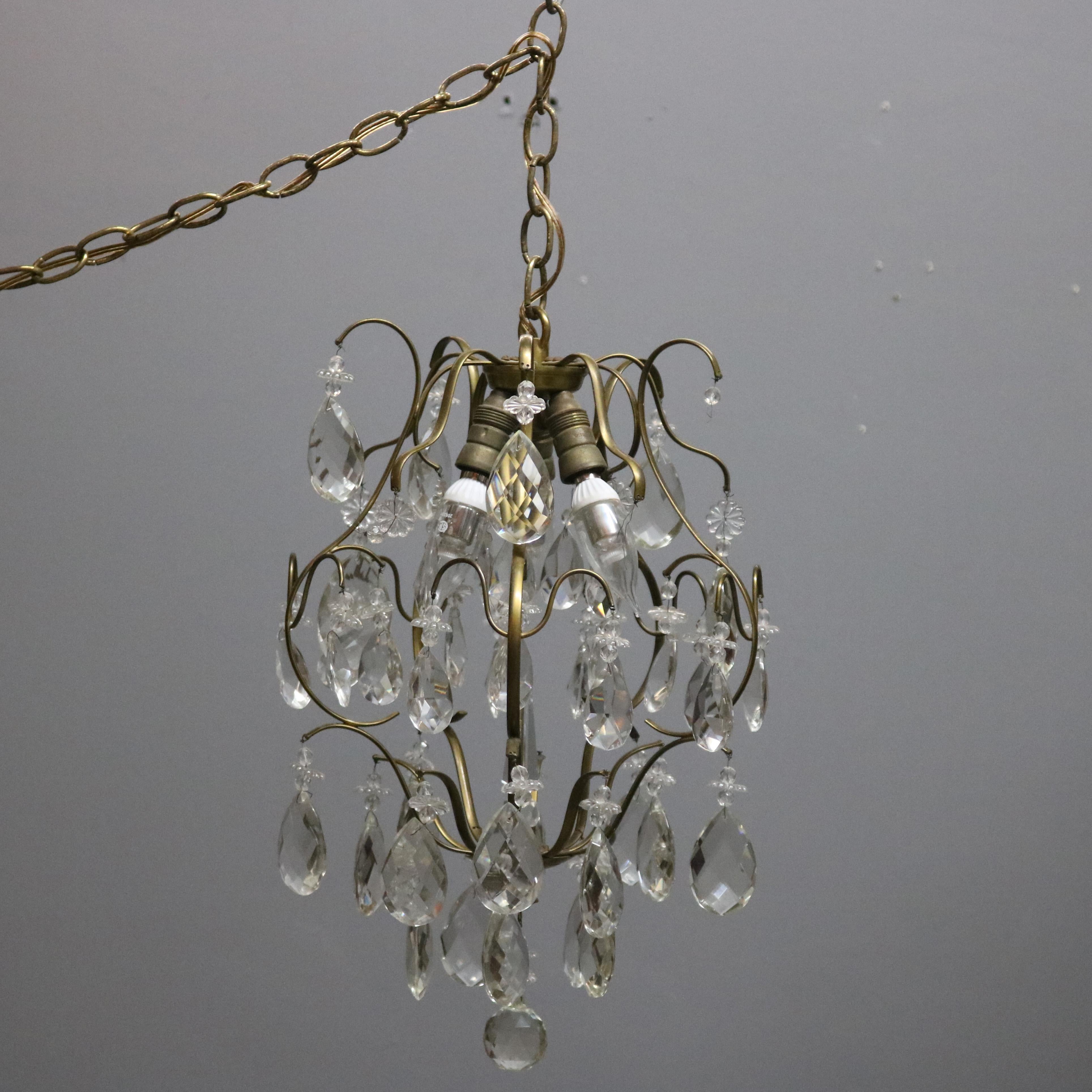 American Vintage French Style Brass & Crystal Hanging Hall Light, circa 1940