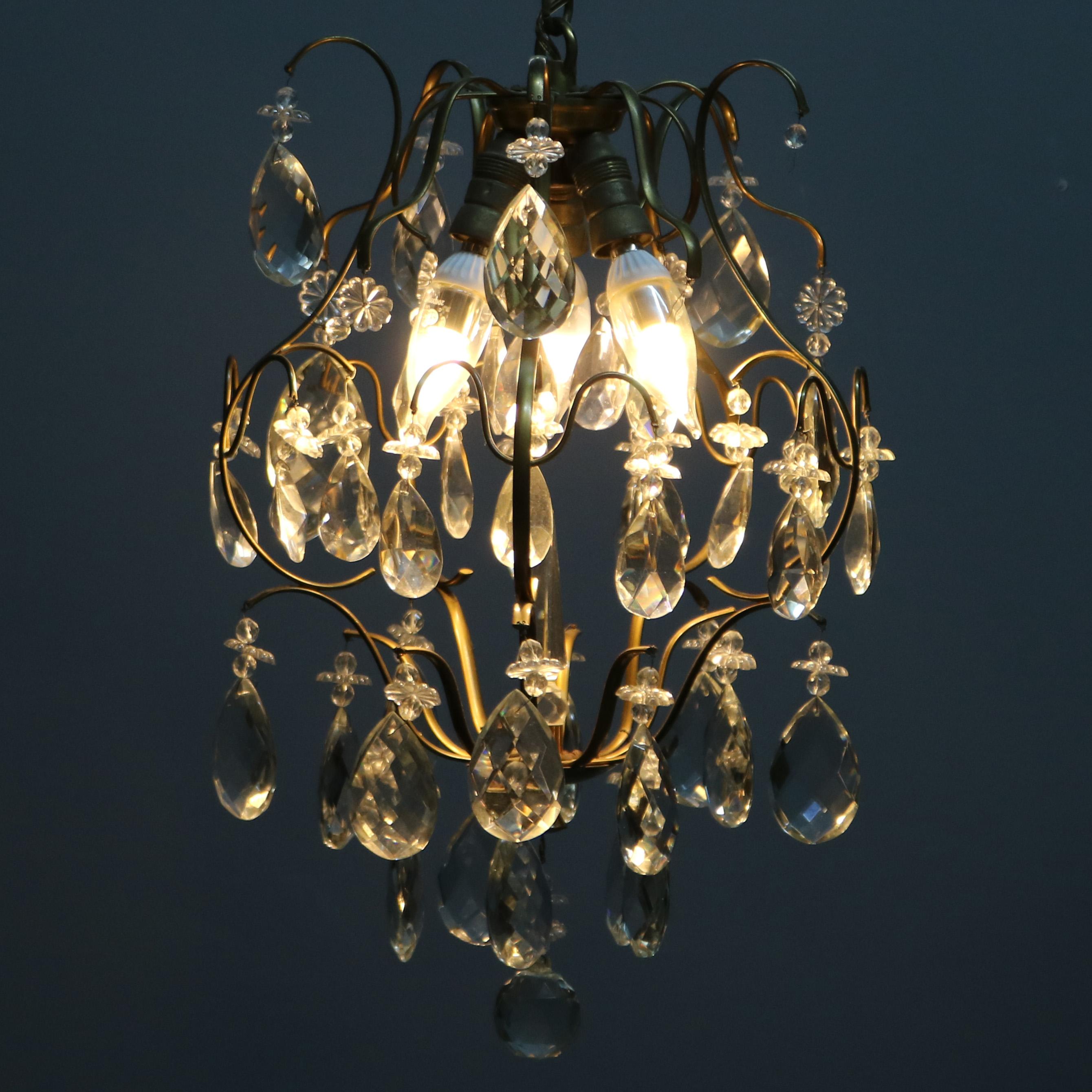 Vintage French Style Brass & Crystal Hanging Hall Light, circa 1940 In Good Condition In Big Flats, NY
