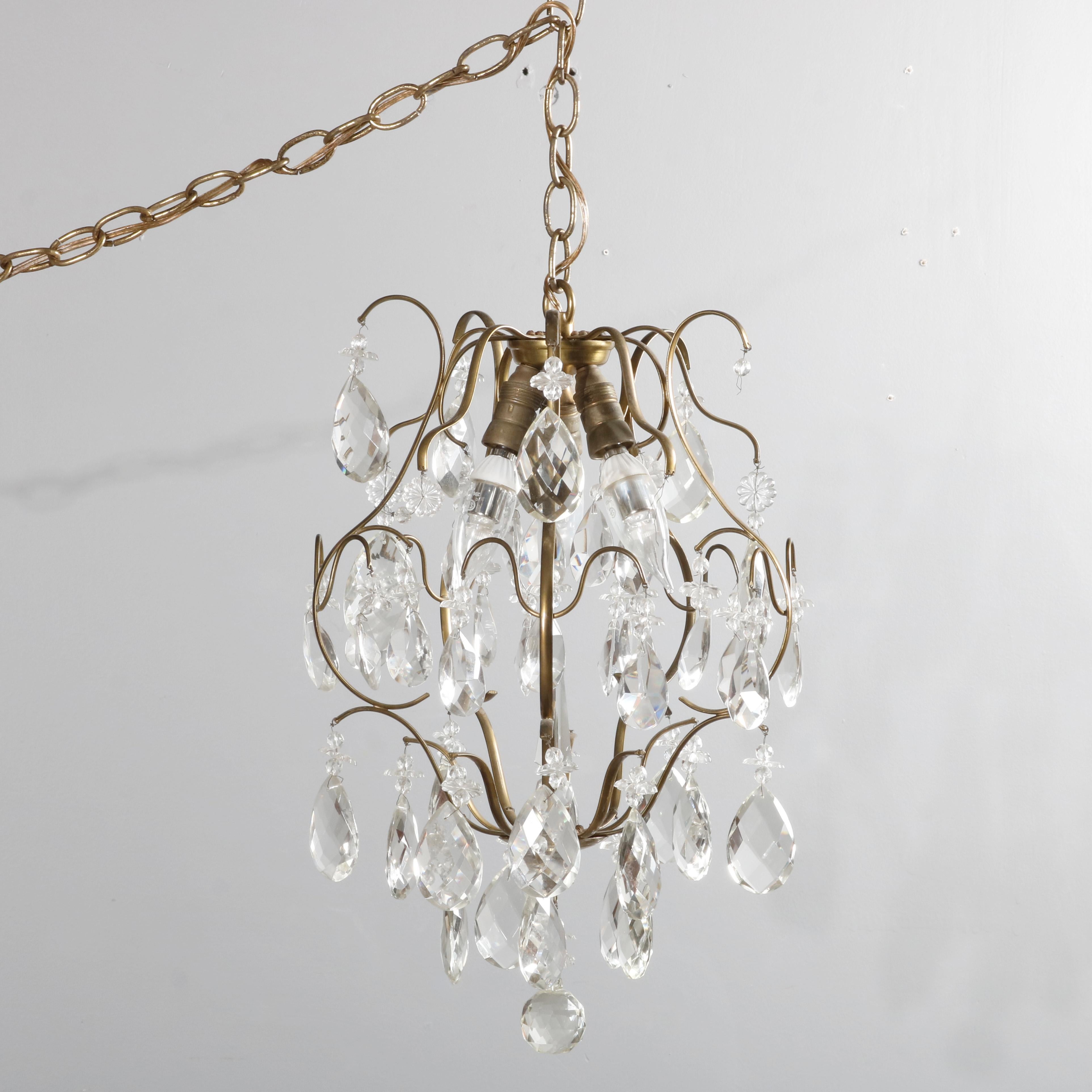 Vintage French Style Brass & Crystal Hanging Hall Light, circa 1940 1